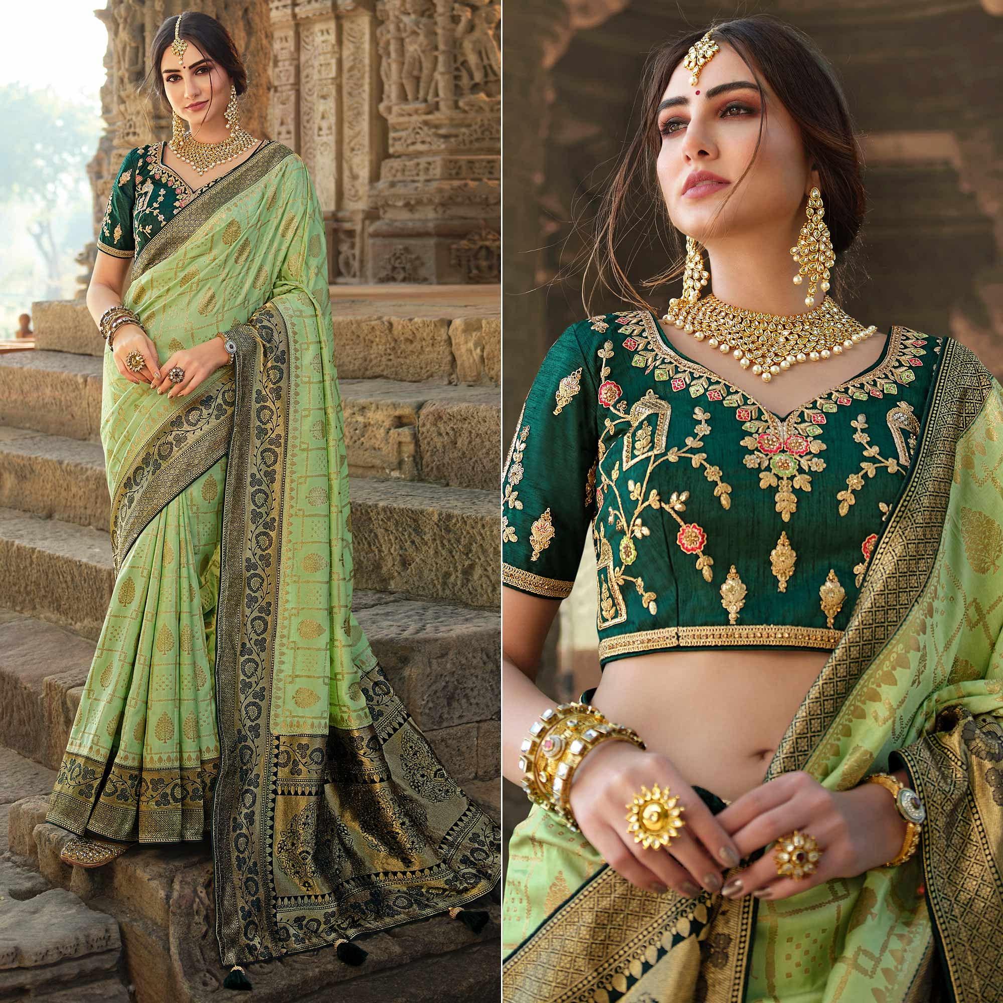 Green Wedding Wear Woven Silk Saree With Tassels - Peachmode