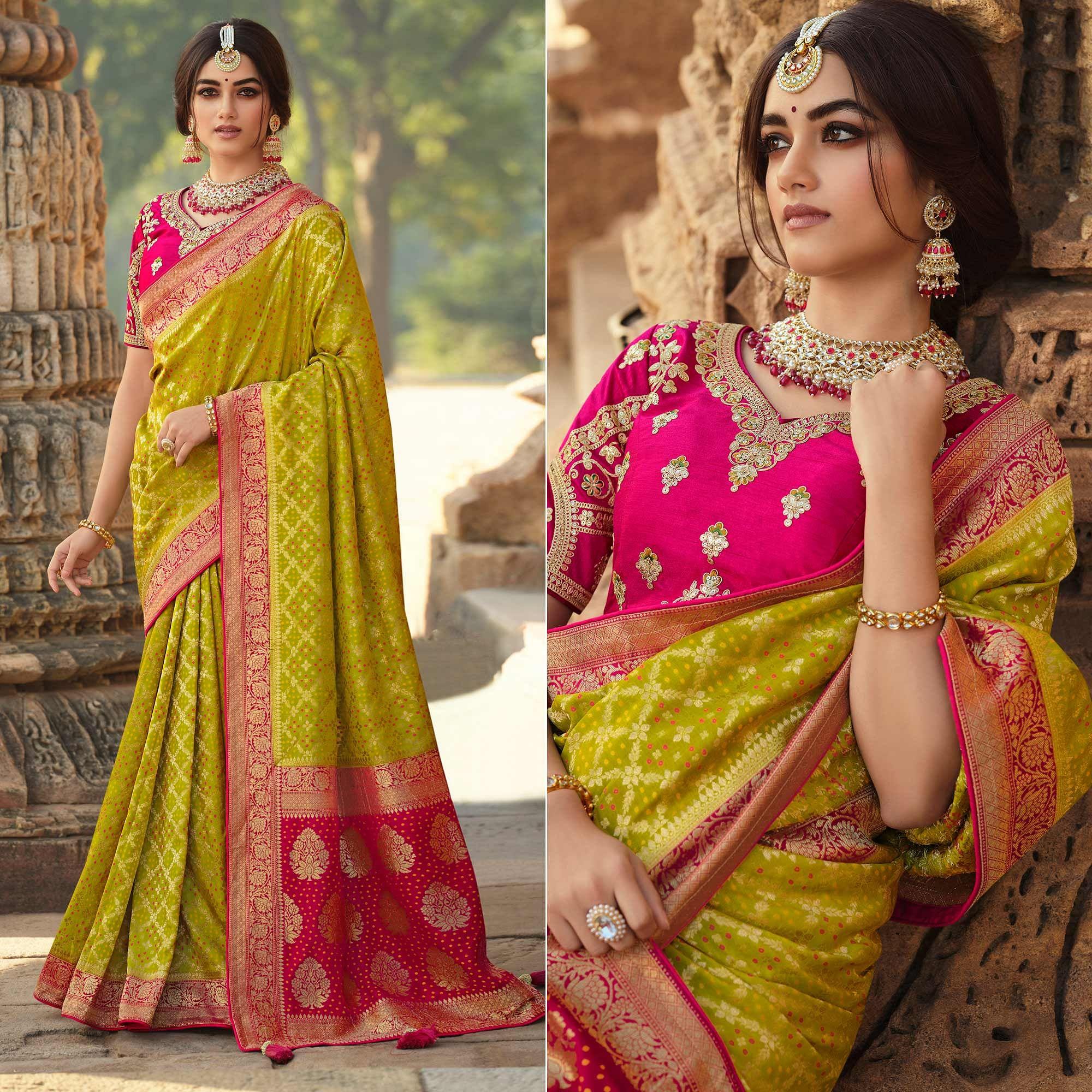 Green Wedding Wear Woven Silk Saree With Tassels - Peachmode
