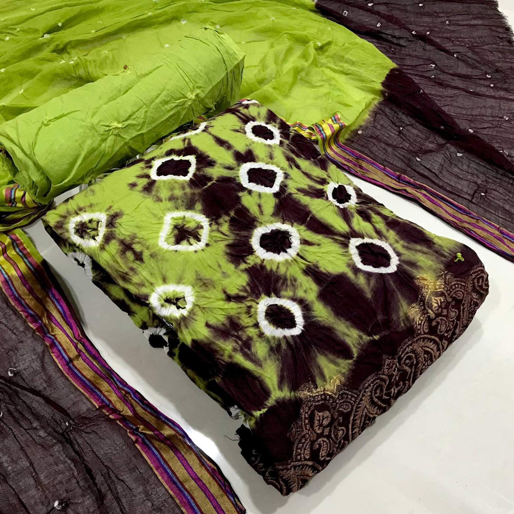 Green-Wine Bandhani Printed Pure Cotton Dress Material - Peachmode
