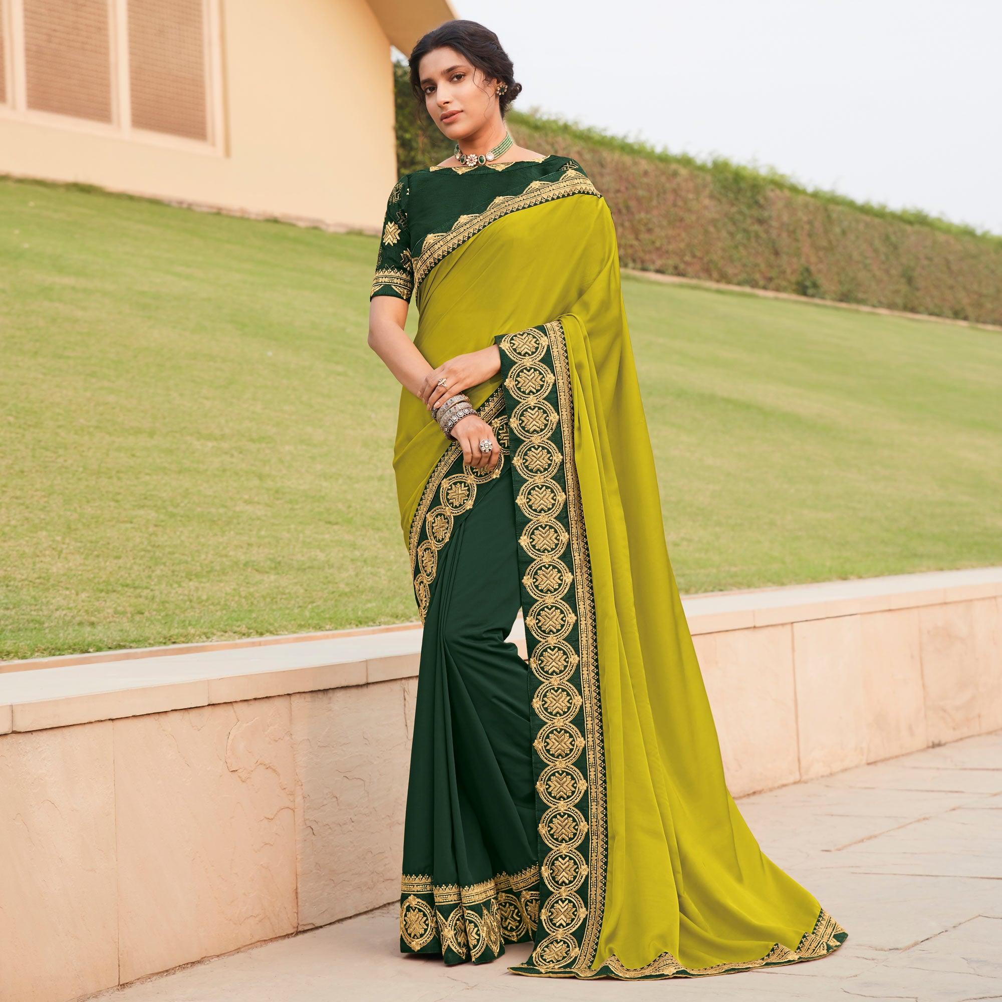 Green Woven Art Silk Half & Half Saree With Border - Peachmode