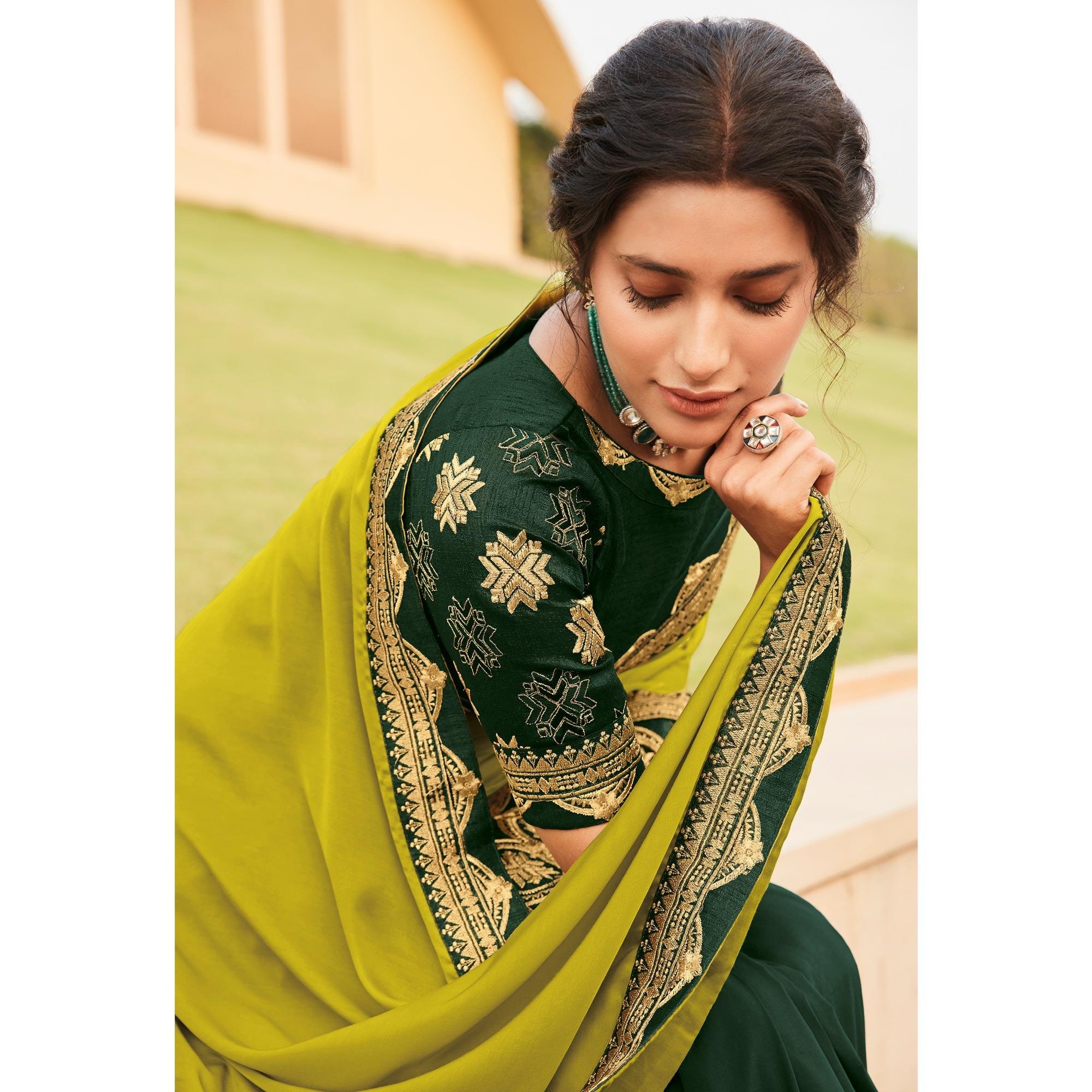 Green Woven Art Silk Half & Half Saree With Border - Peachmode