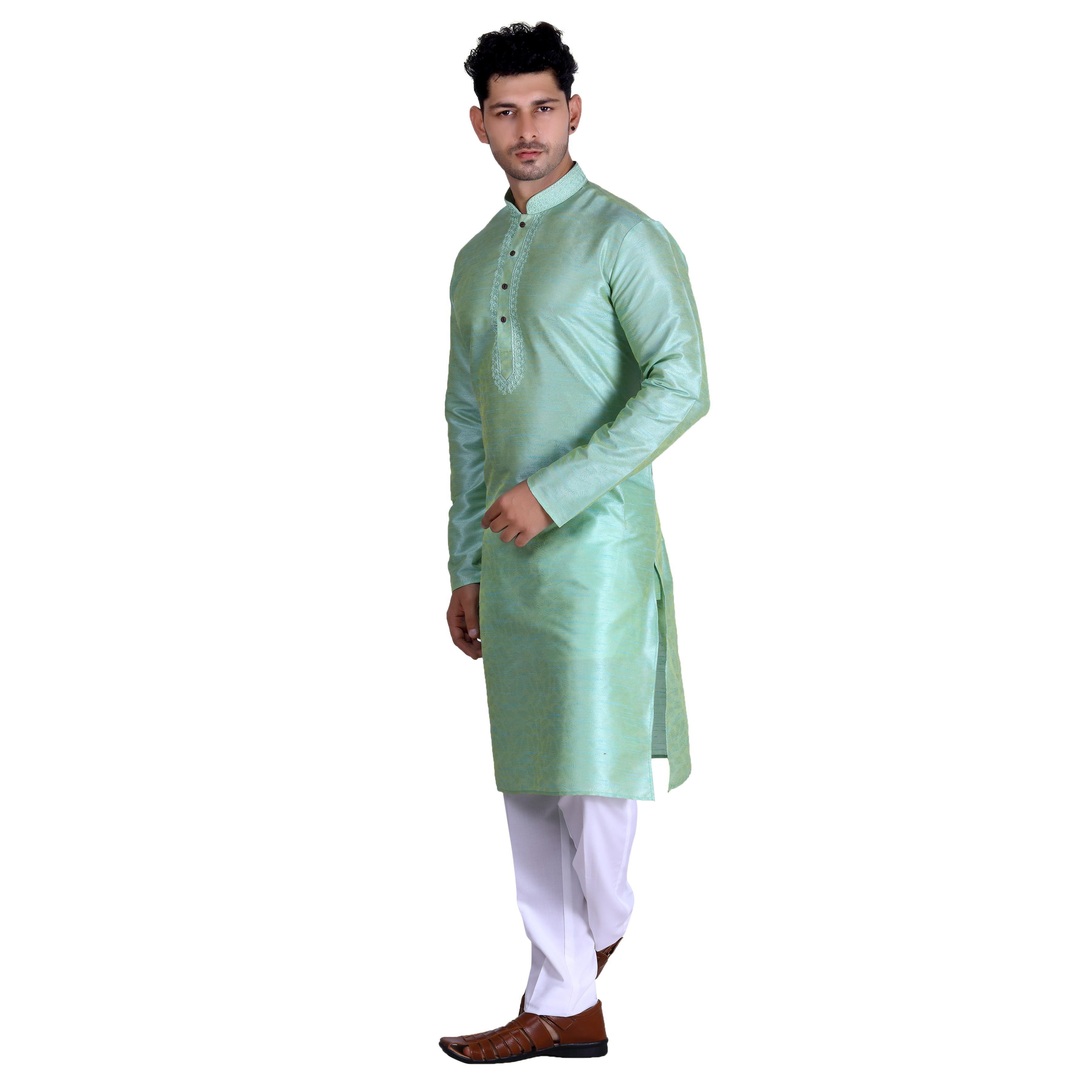 Green Woven Art Silk Men's Kurta Pyjama Set - Peachmode