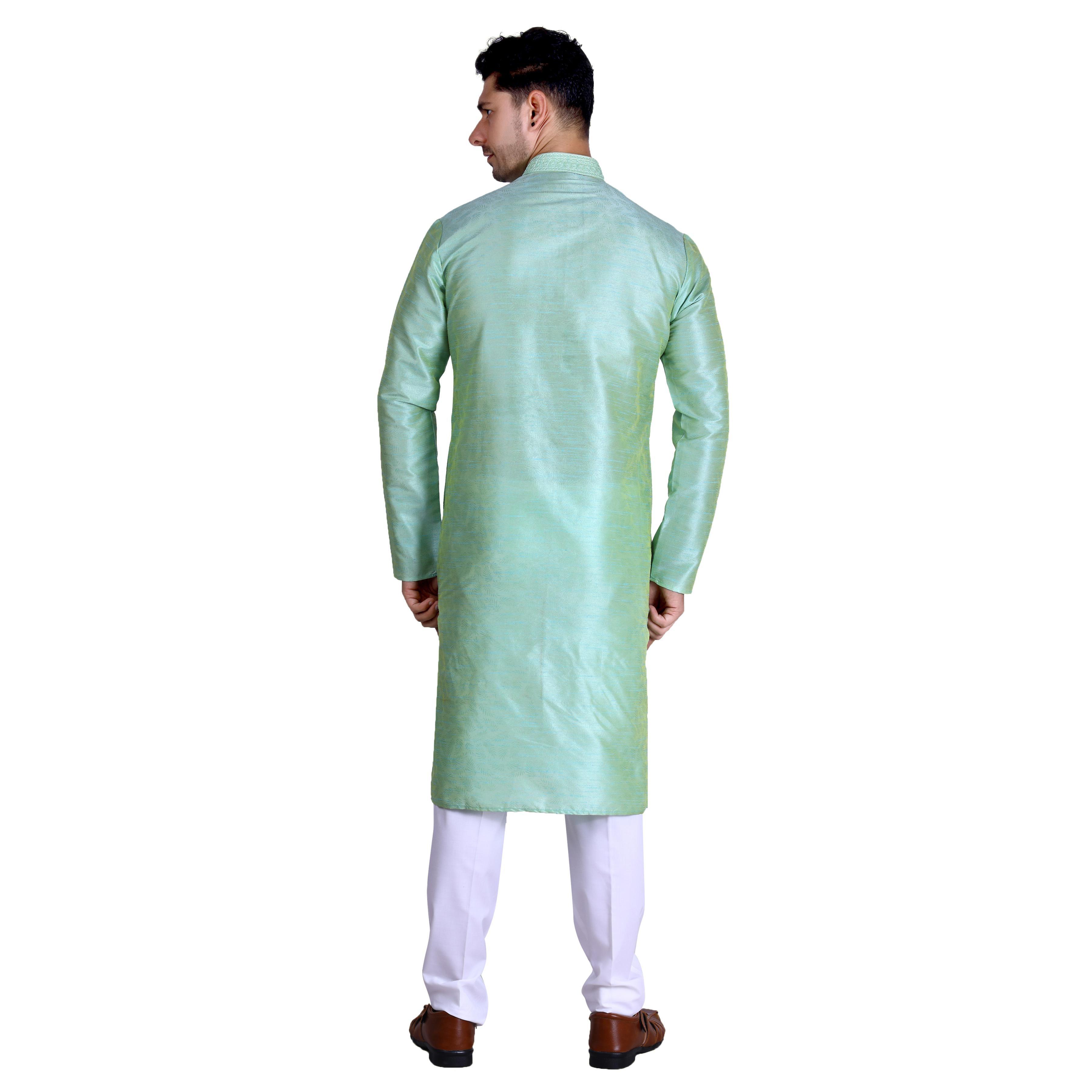 Green Woven Art Silk Men's Kurta Pyjama Set - Peachmode