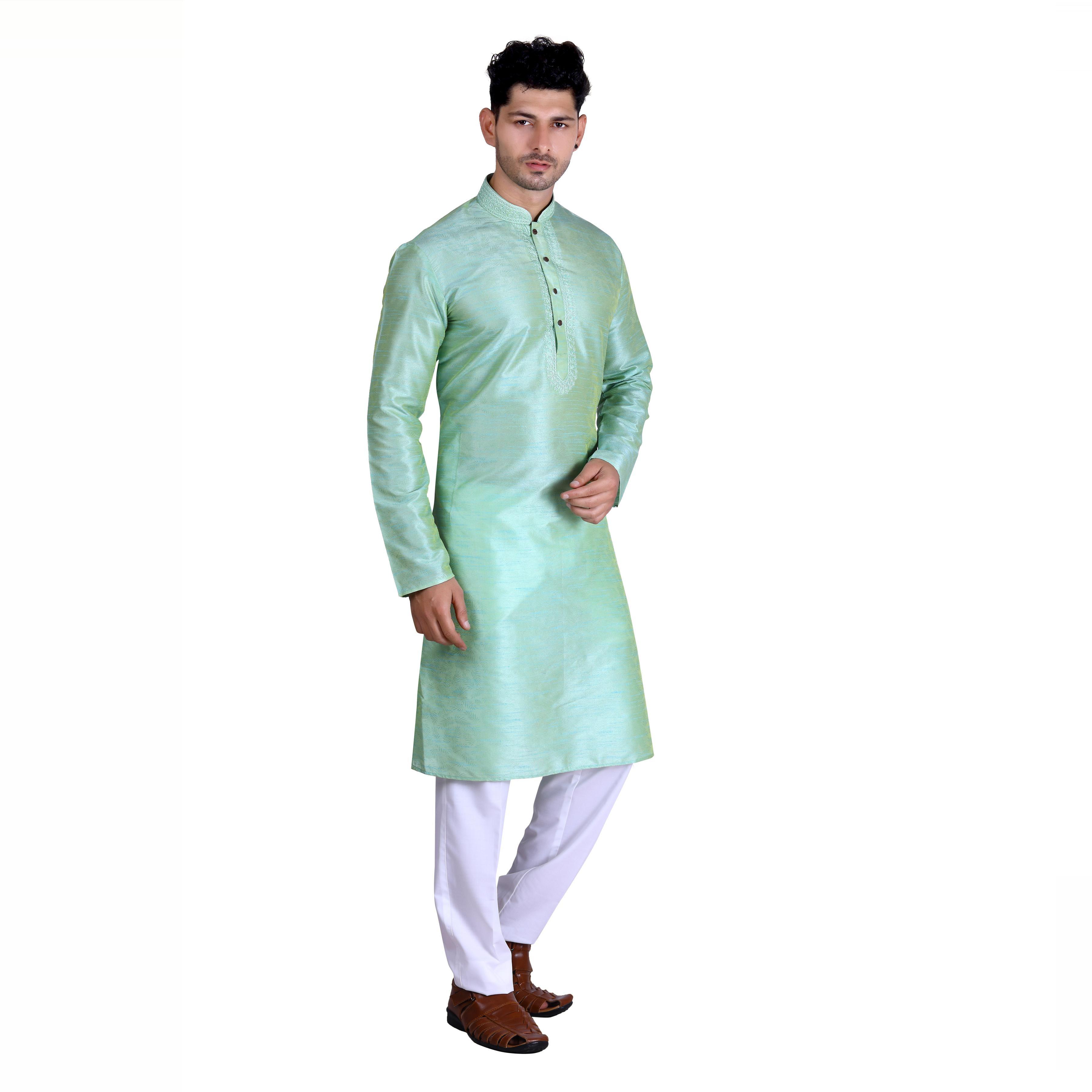 Green Woven Art Silk Men's Kurta Pyjama Set - Peachmode