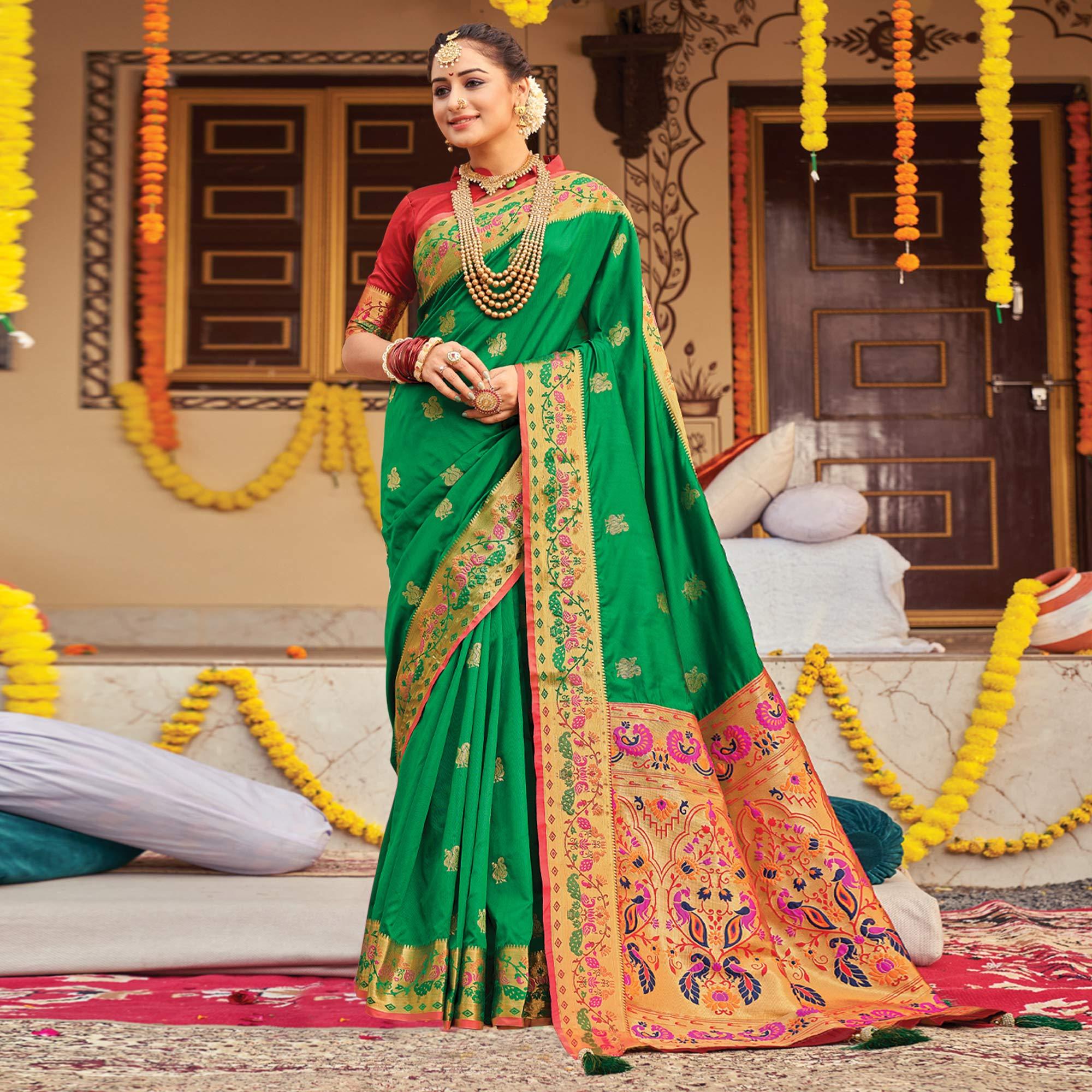 Green Woven Art Silk Paithani Saree With Tassels - Peachmode