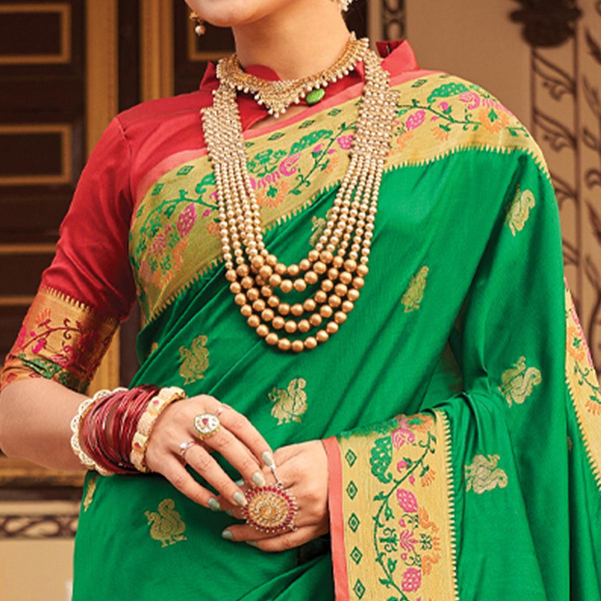 Green Woven Art Silk Paithani Saree With Tassels - Peachmode