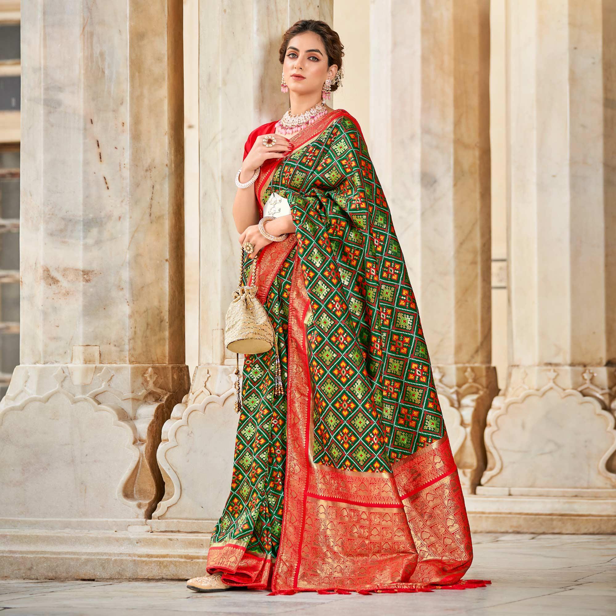 Green Woven Art Silk Patola Saree With Tassels - Peachmode