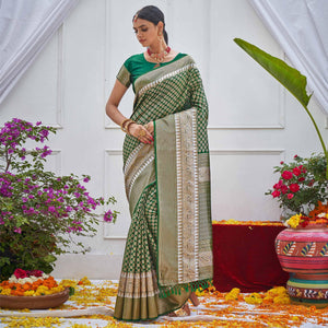 Green Woven Art Silk Saree - Peachmode