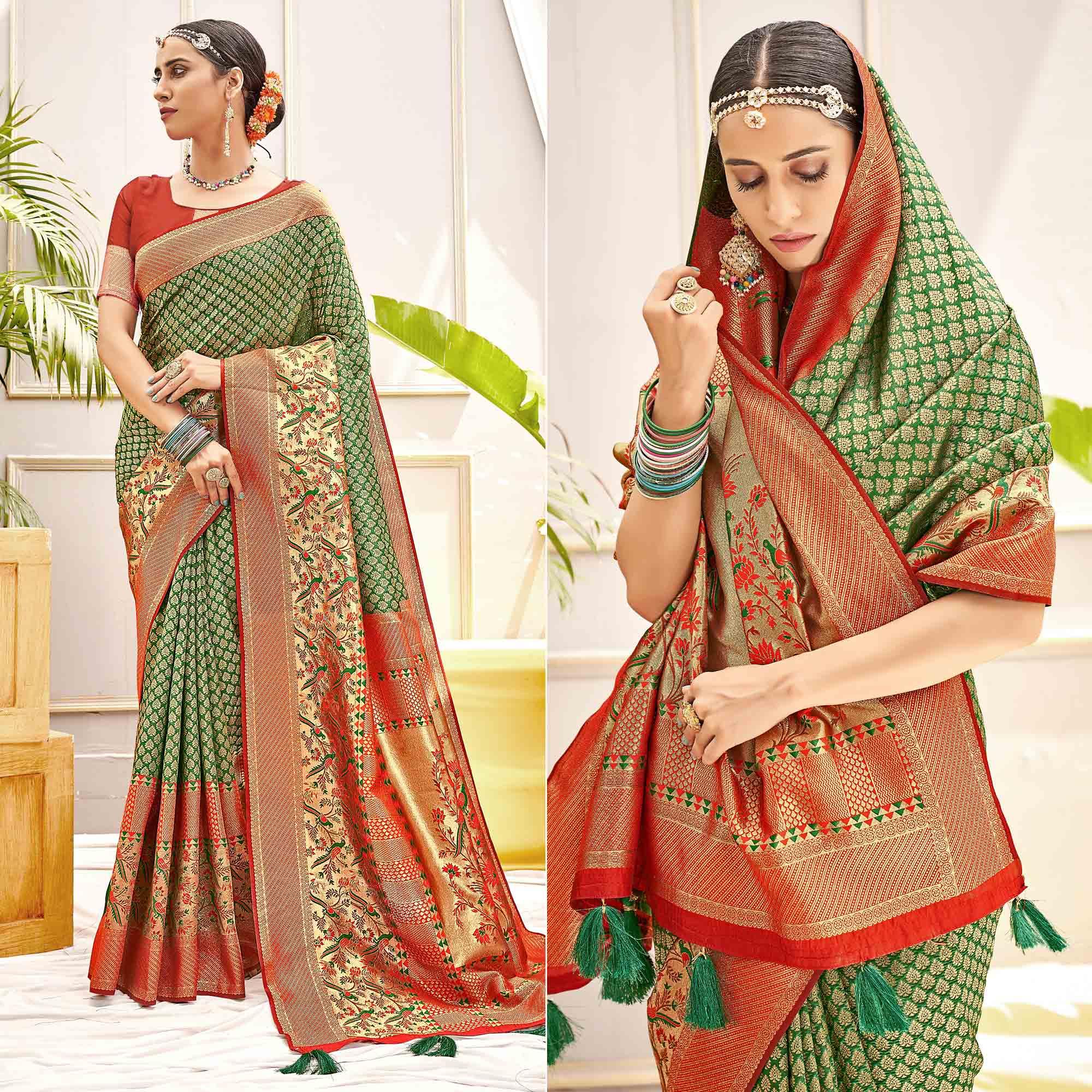 Green Woven Art Silk Saree - Peachmode