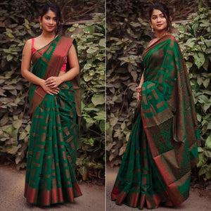 Green Woven Art Silk Saree - Peachmode