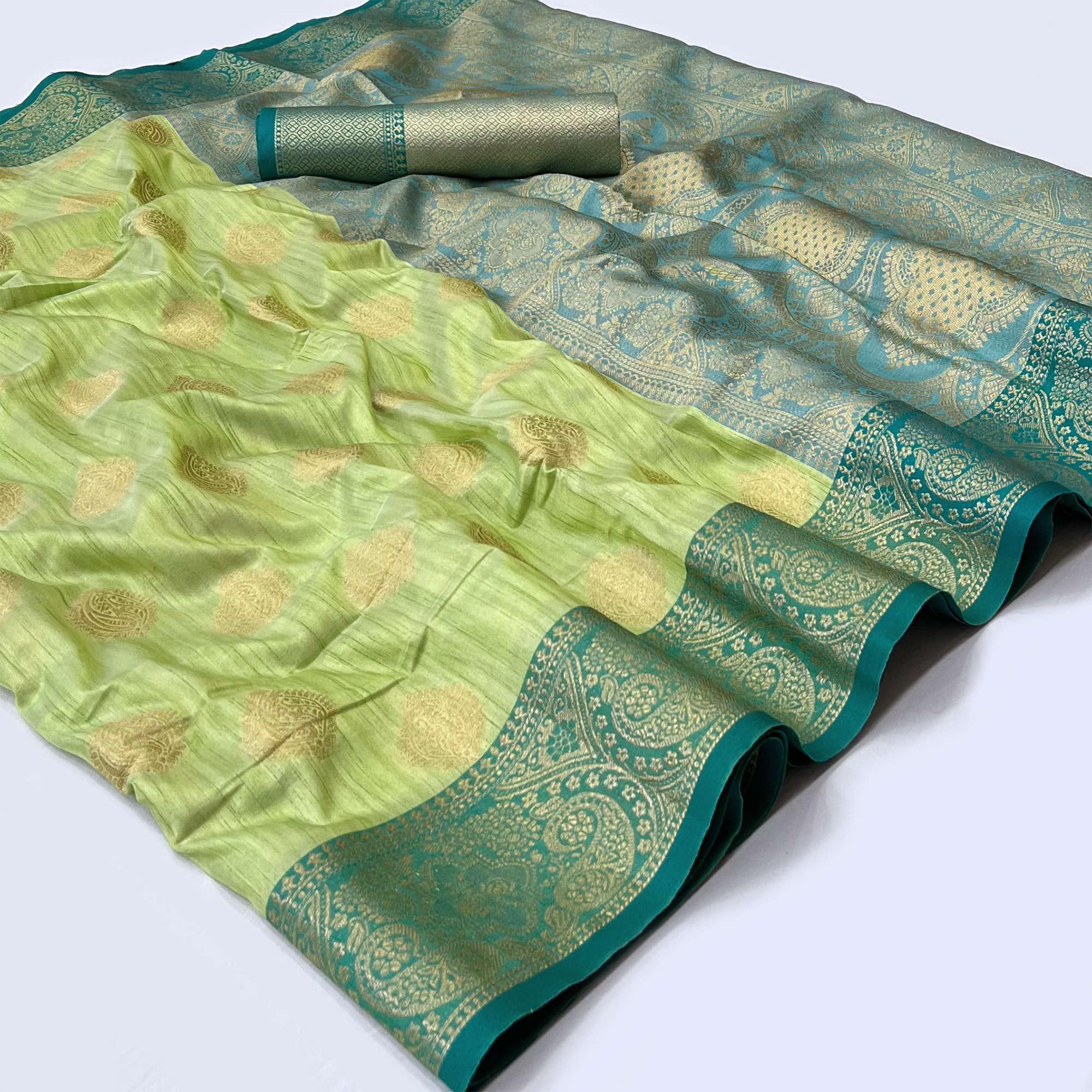Green Woven Art Silk Saree - Peachmode