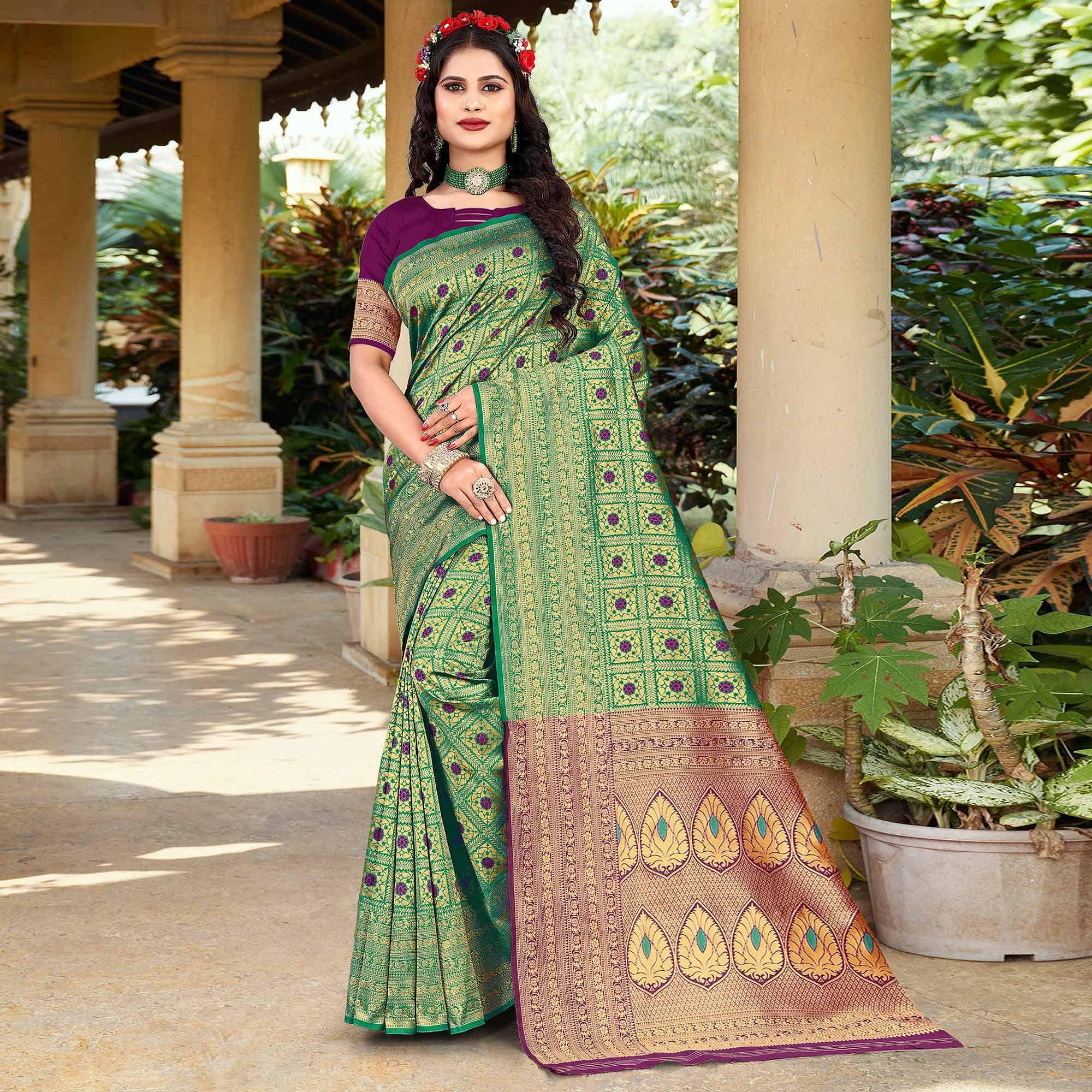 Green Woven Art Silk Saree - Peachmode