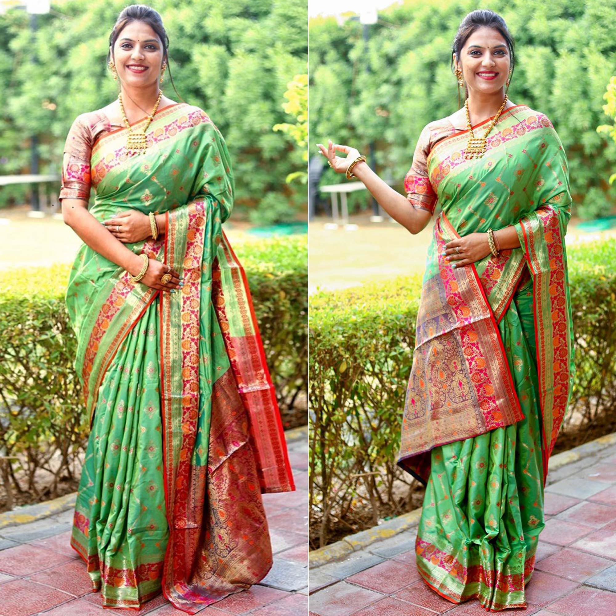 Green Woven Art Silk Saree - Peachmode