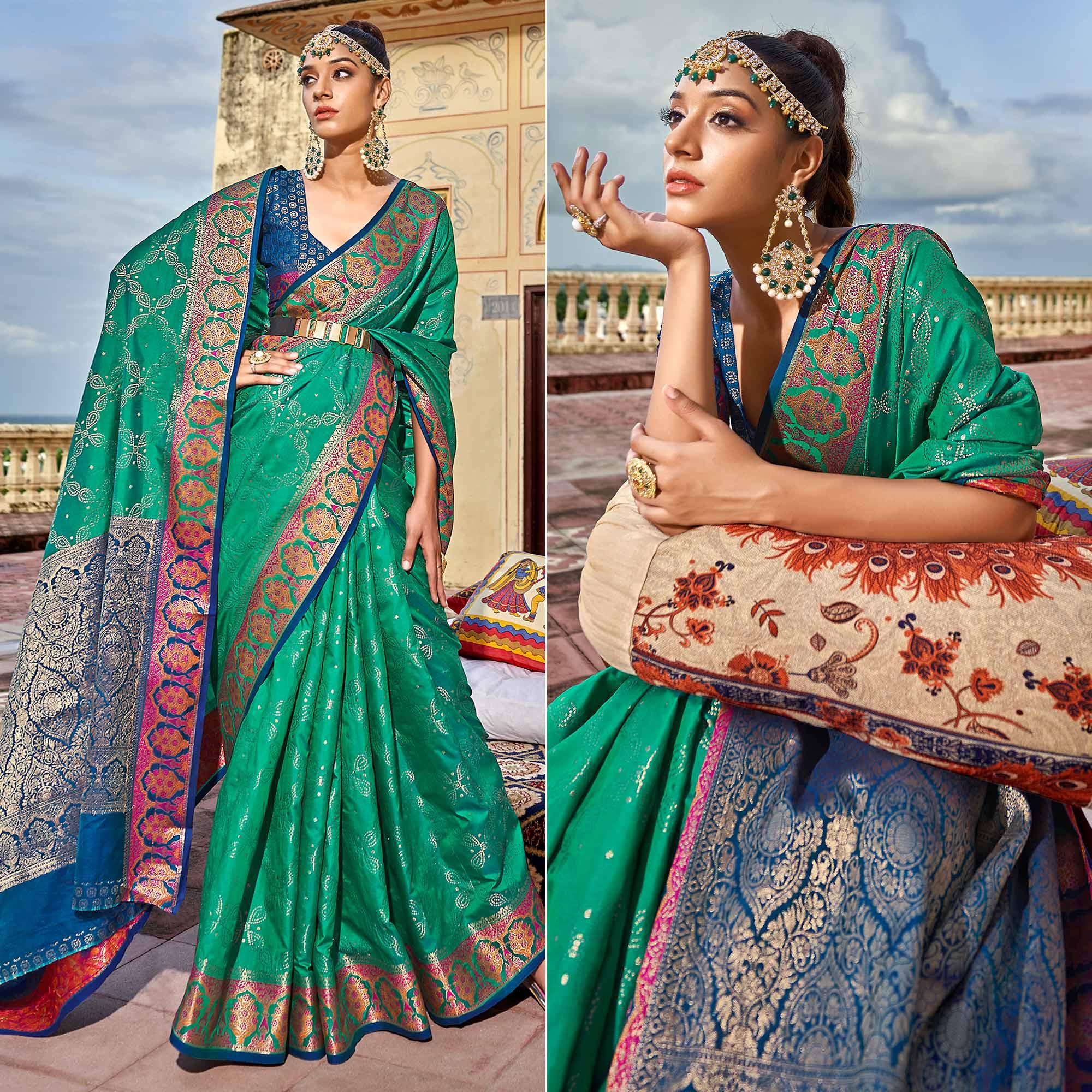 Green Woven Art Silk Saree - Peachmode