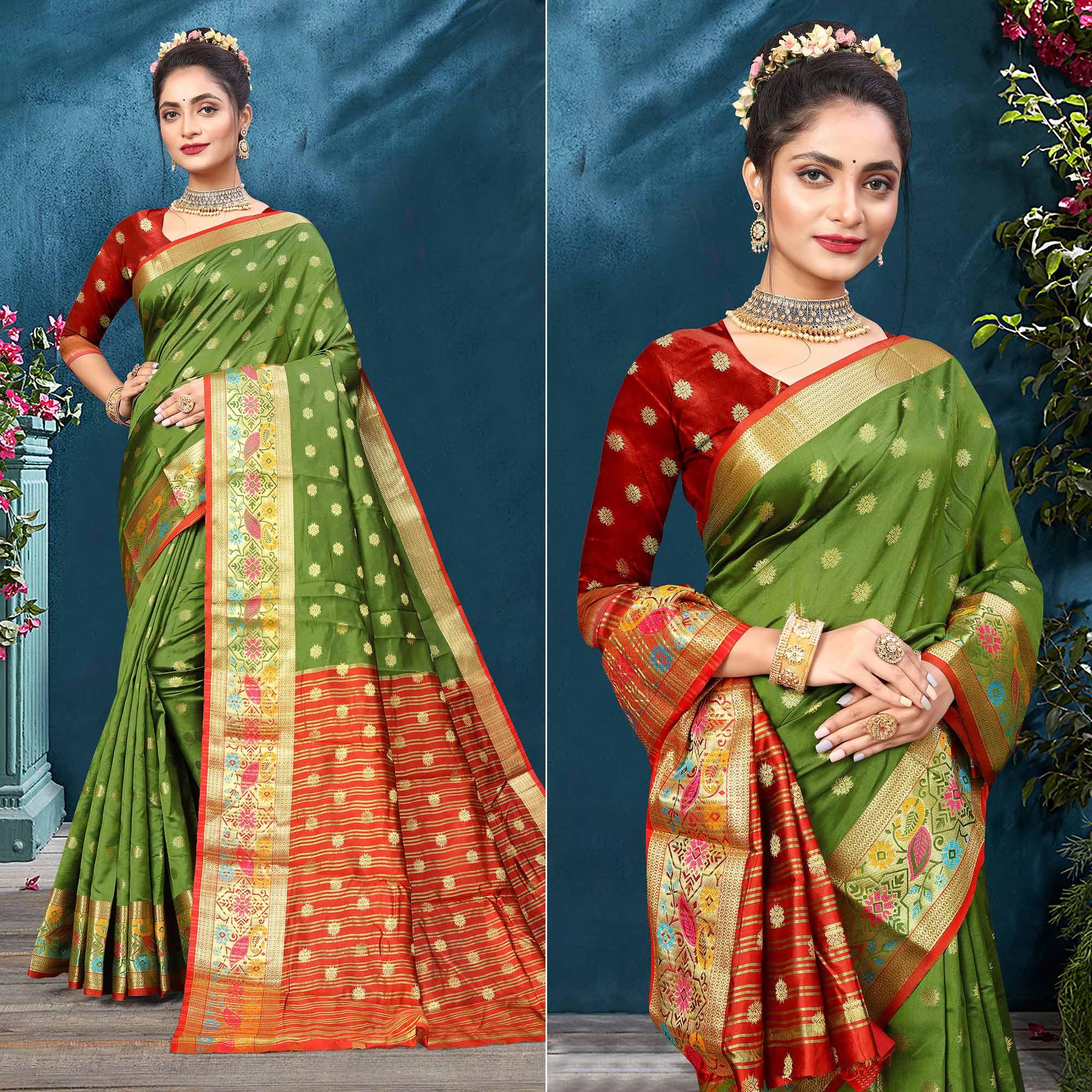 Green Woven Art Silk Saree - Peachmode