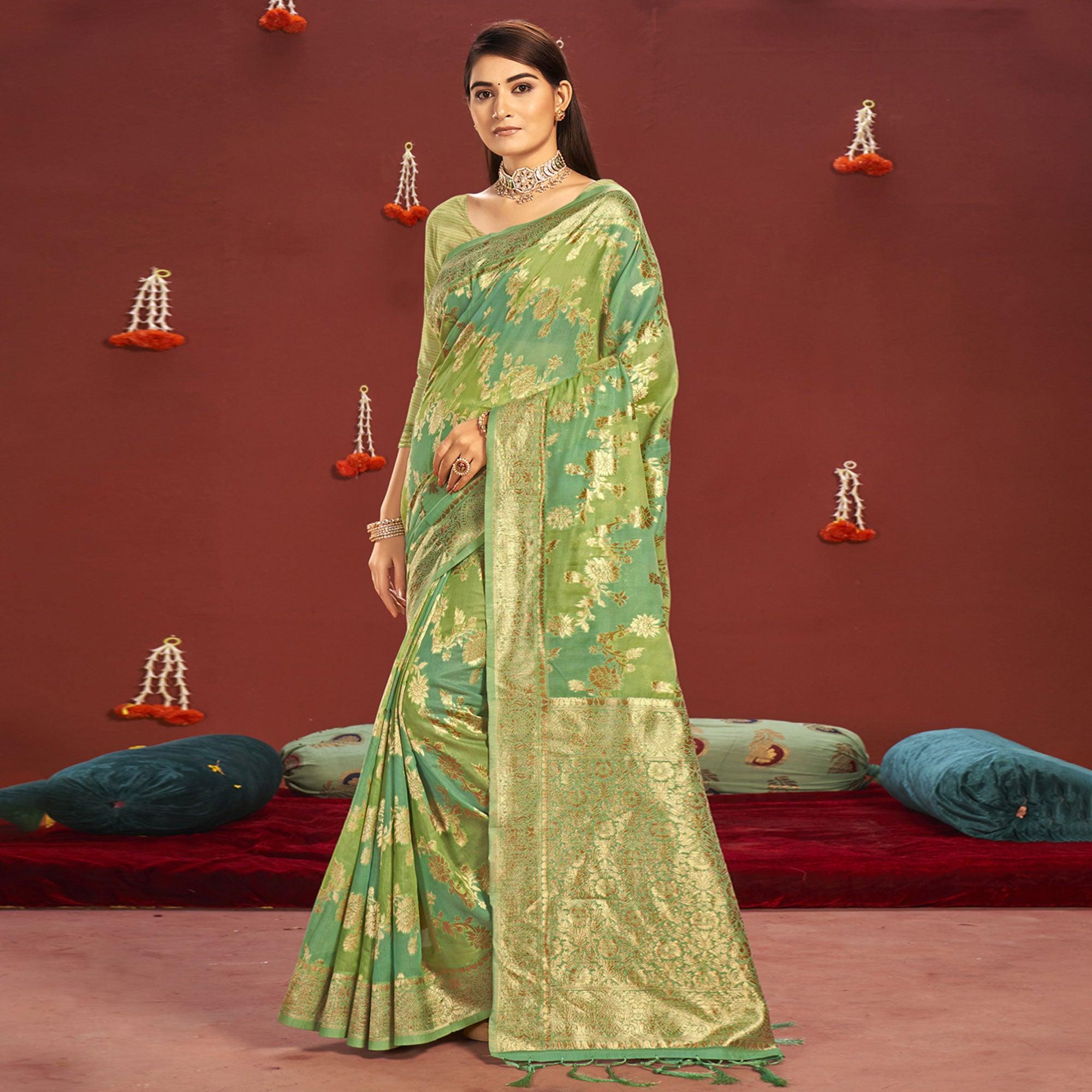 Green Woven Art Silk Saree - Peachmode