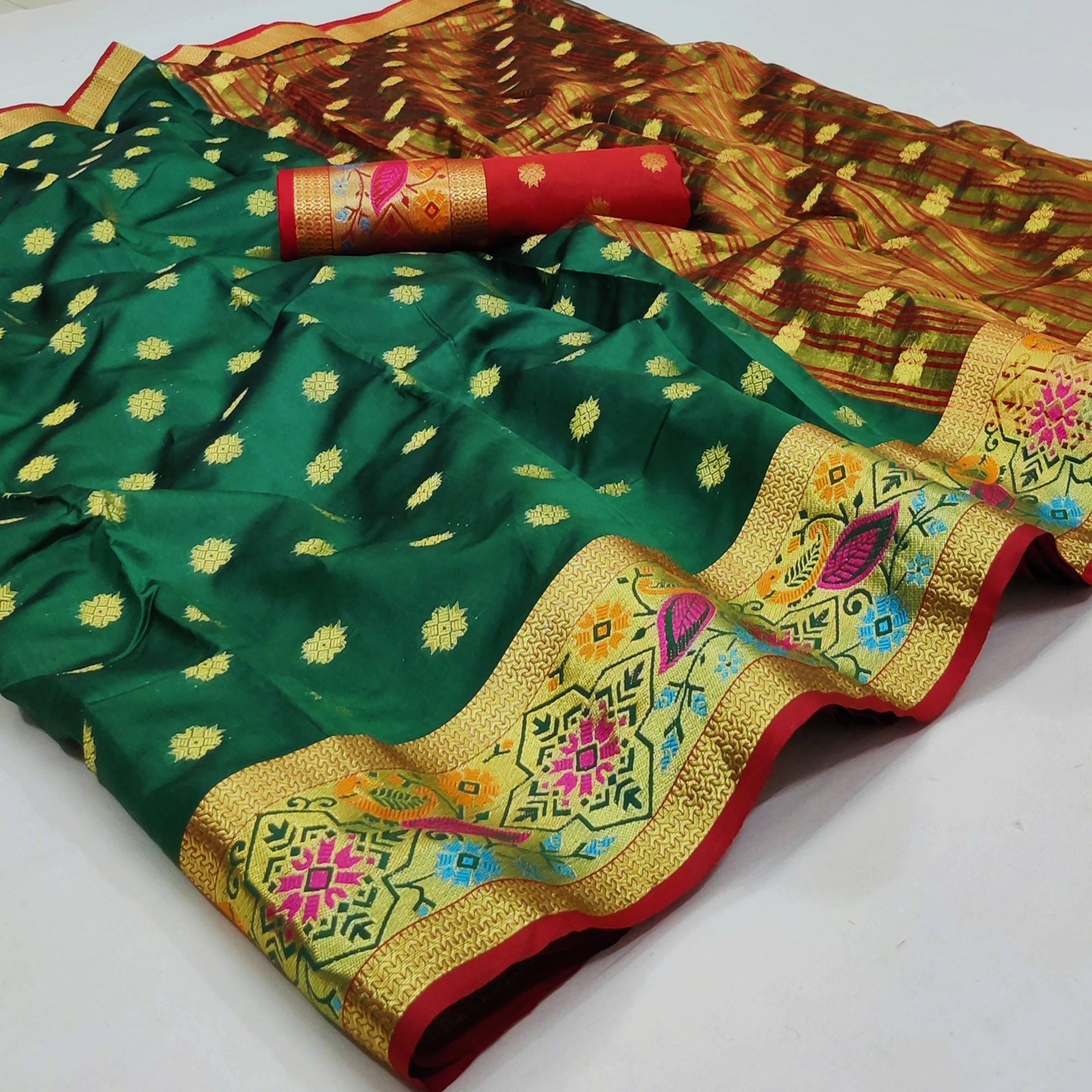 Green Woven Art Silk Saree - Peachmode