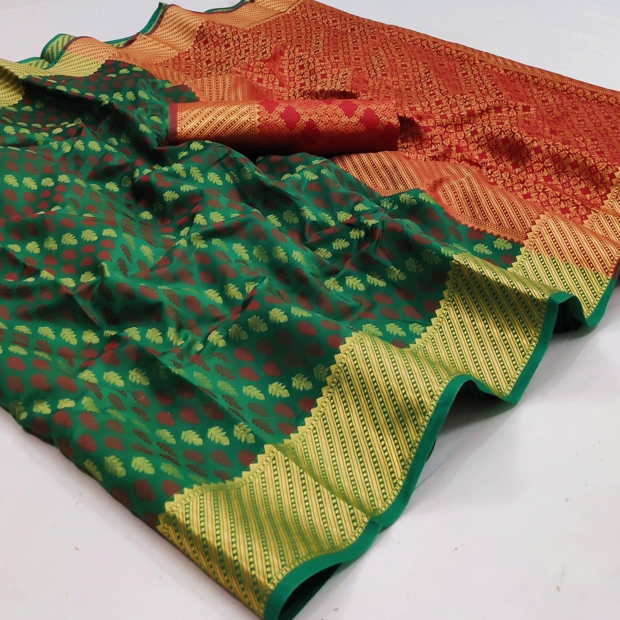 Green Woven Art Silk Saree - Peachmode