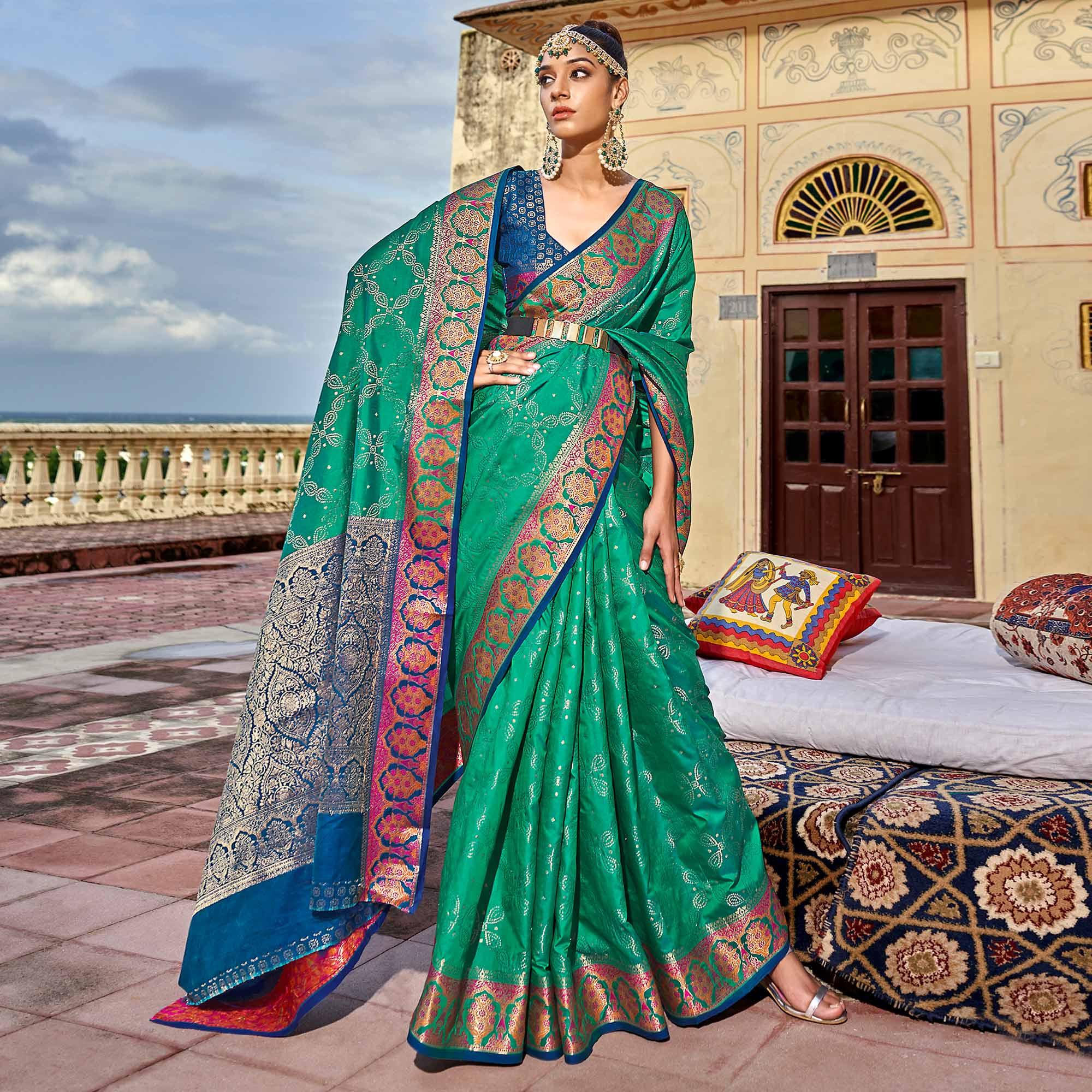 Green Woven Art Silk Saree - Peachmode