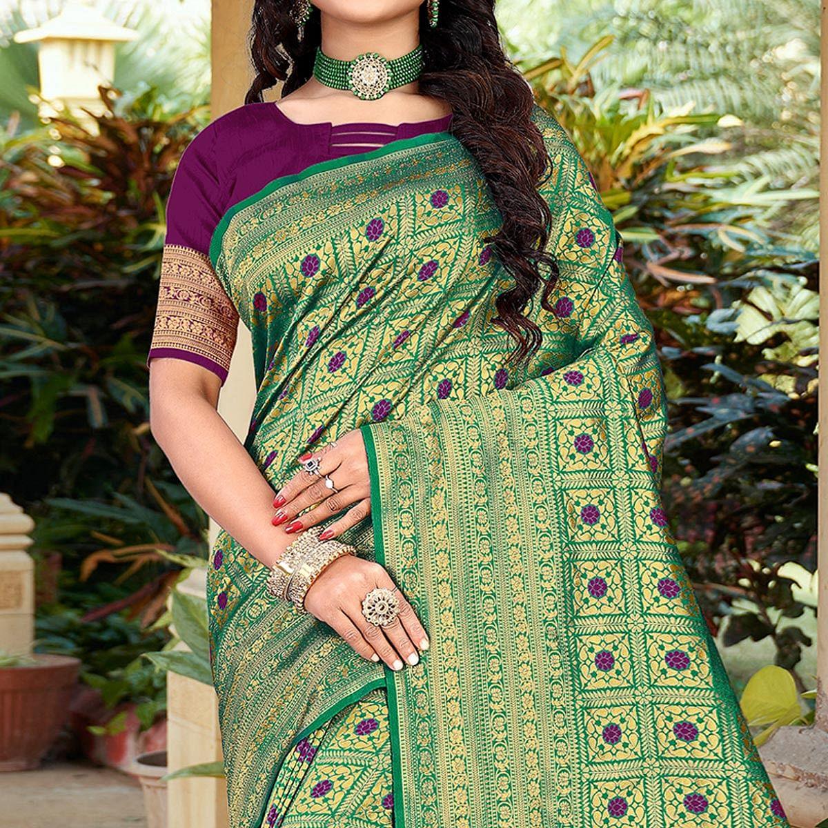 Green Woven Art Silk Saree - Peachmode