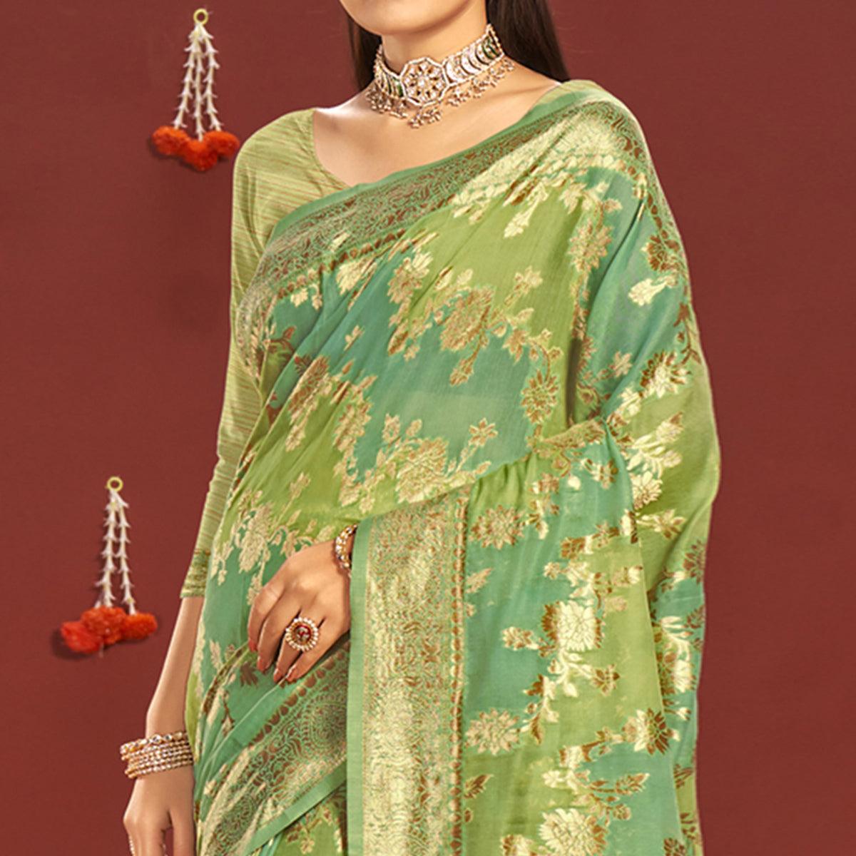 Green Woven Art Silk Saree - Peachmode