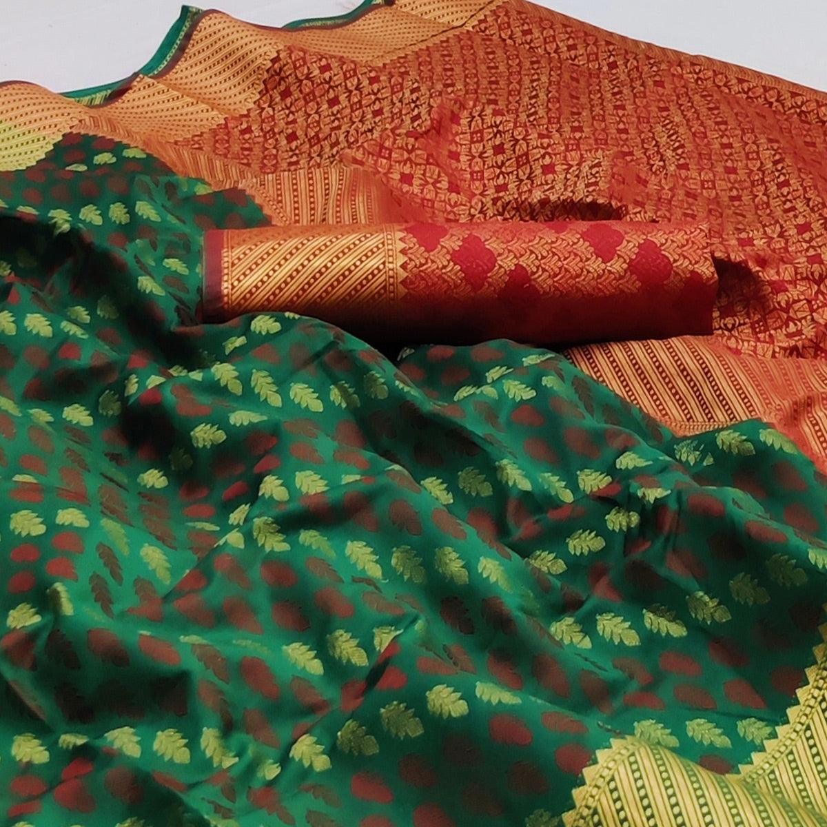 Green Woven Art Silk Saree - Peachmode