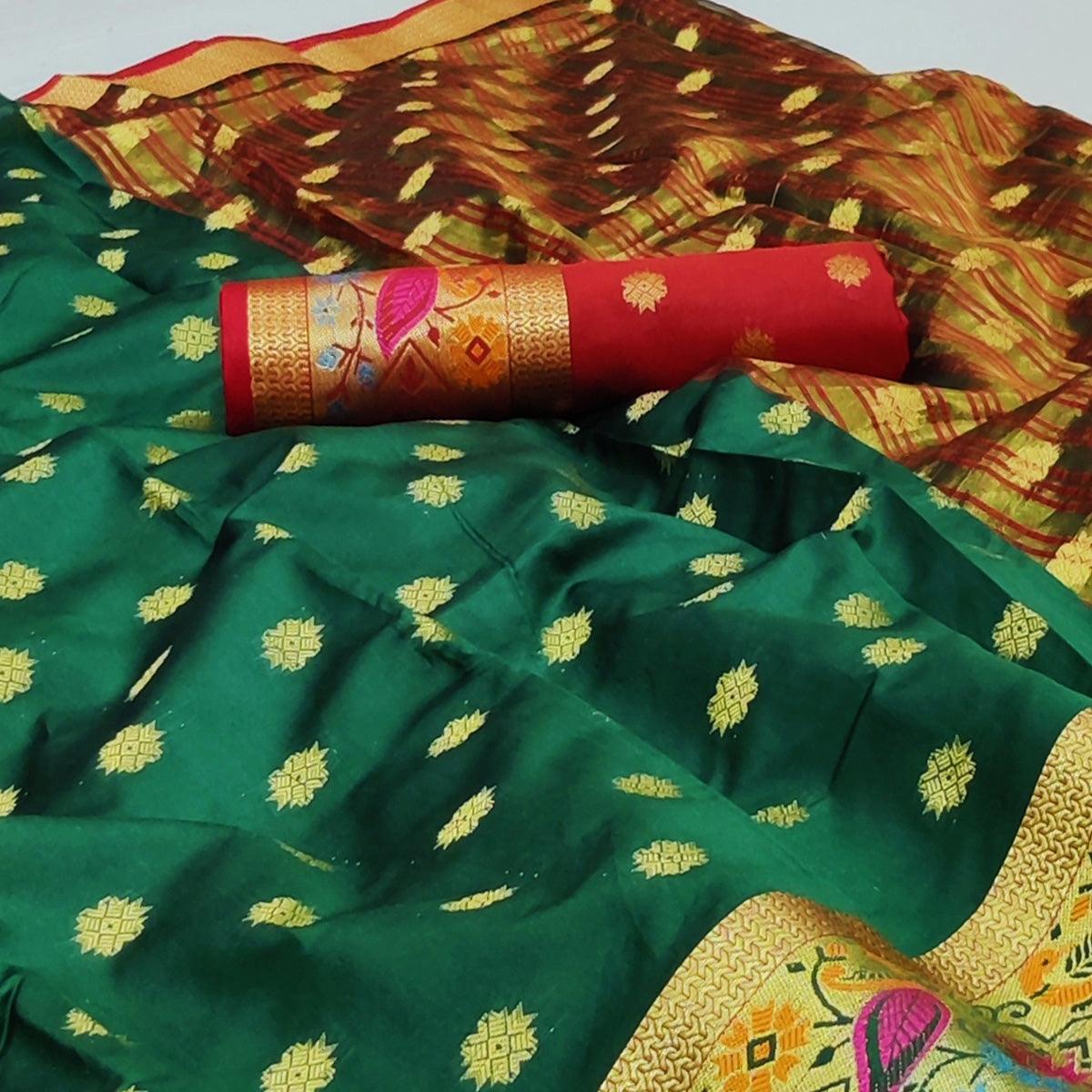 Green Woven Art Silk Saree - Peachmode