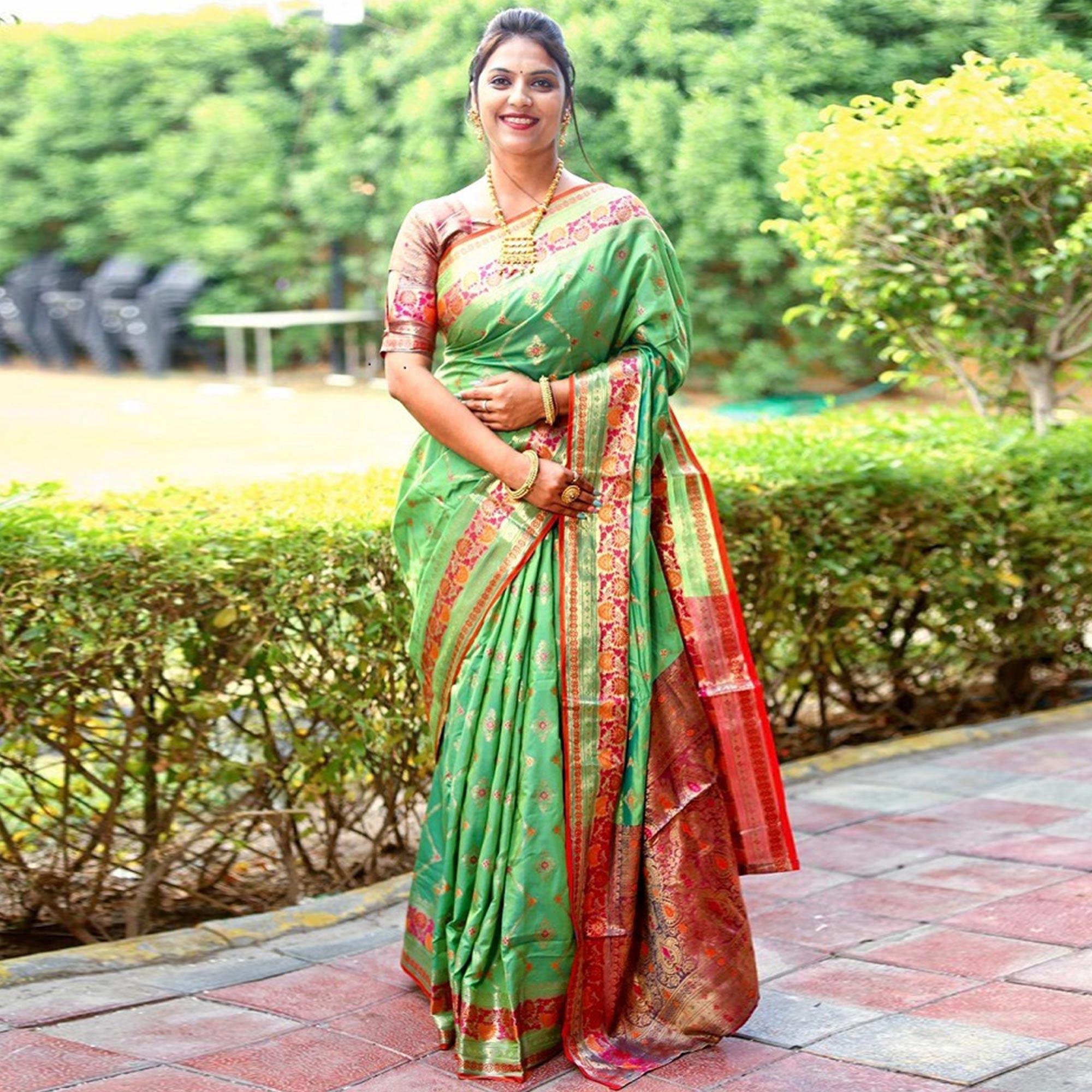 Green Woven Art Silk Saree - Peachmode