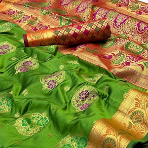 Green Woven Art Silk Saree - Peachmode