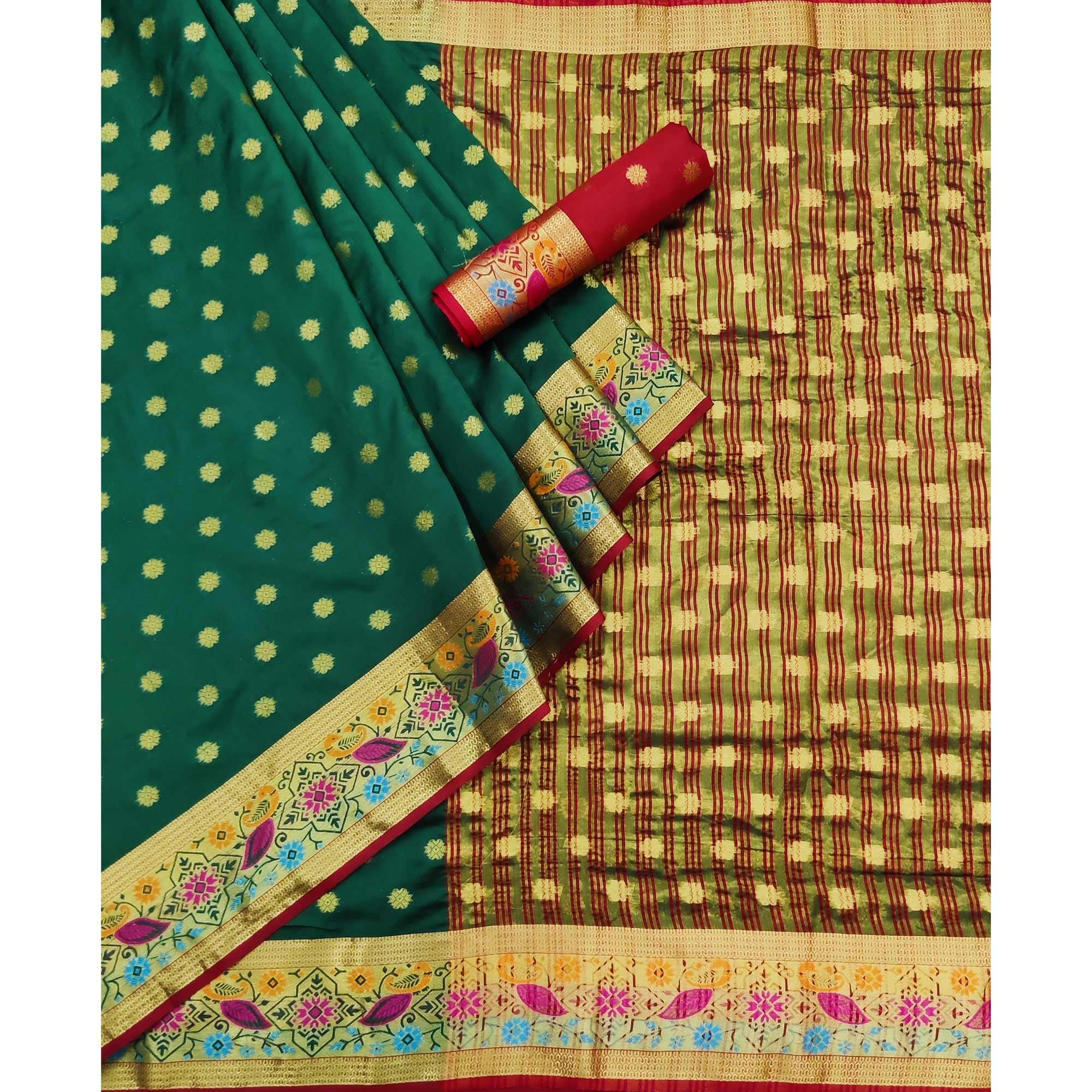 Green Woven Art Silk Saree - Peachmode