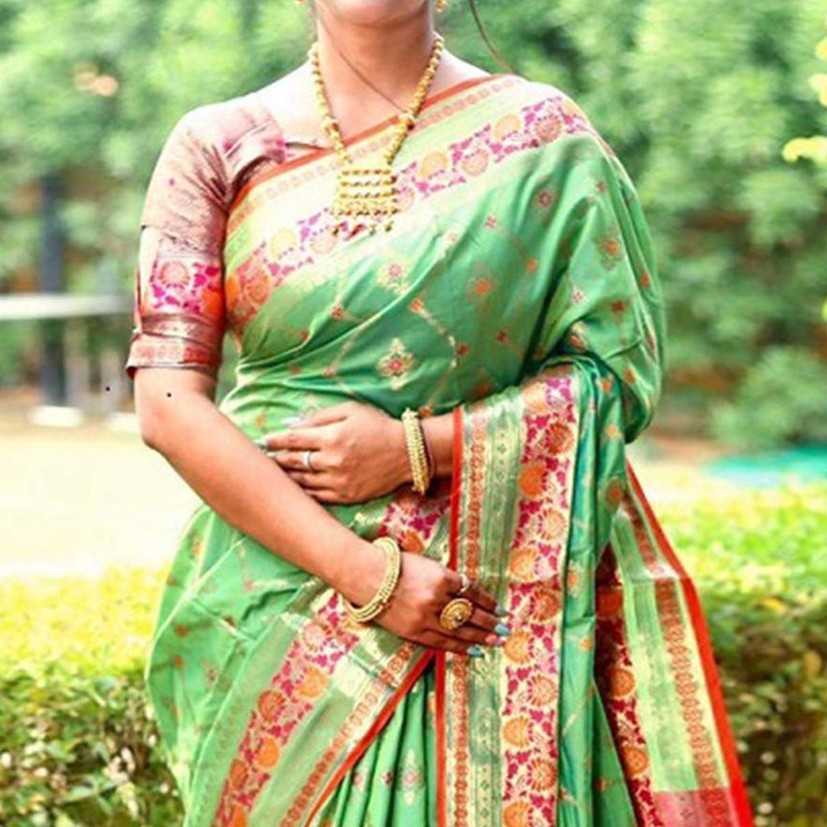 Green Woven Art Silk Saree - Peachmode