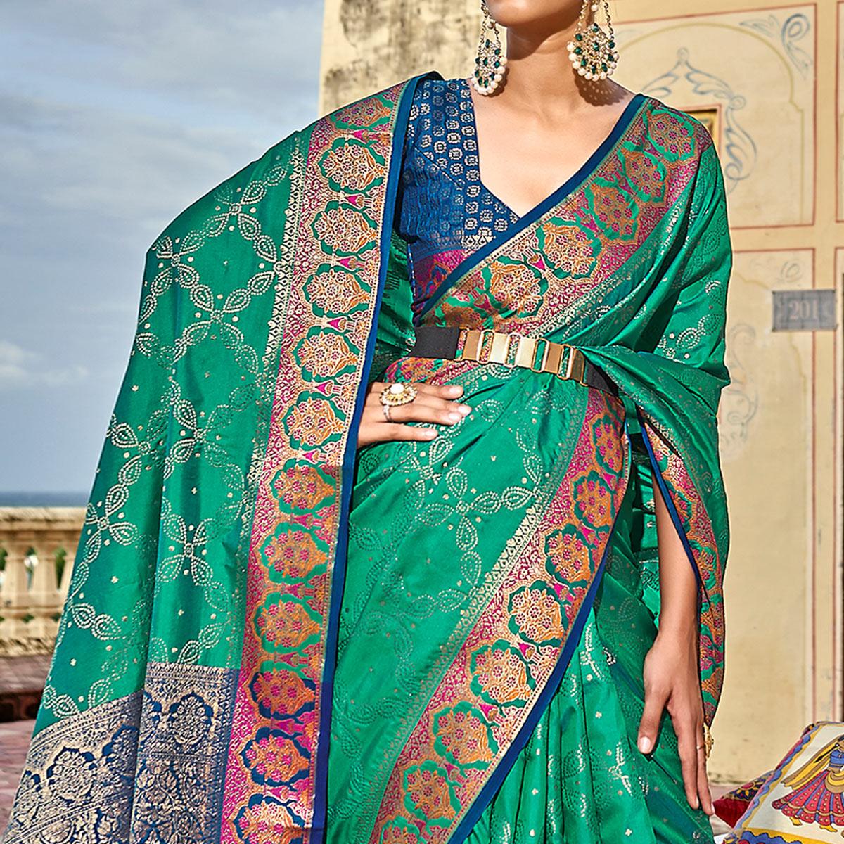 Green Woven Art Silk Saree - Peachmode