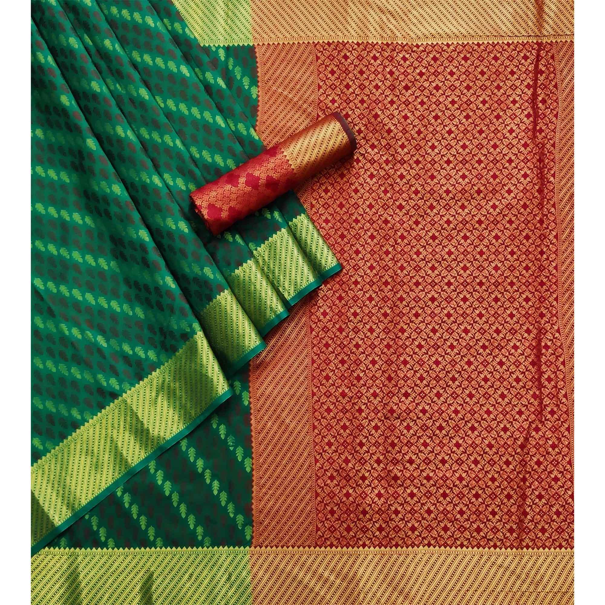 Green Woven Art Silk Saree - Peachmode
