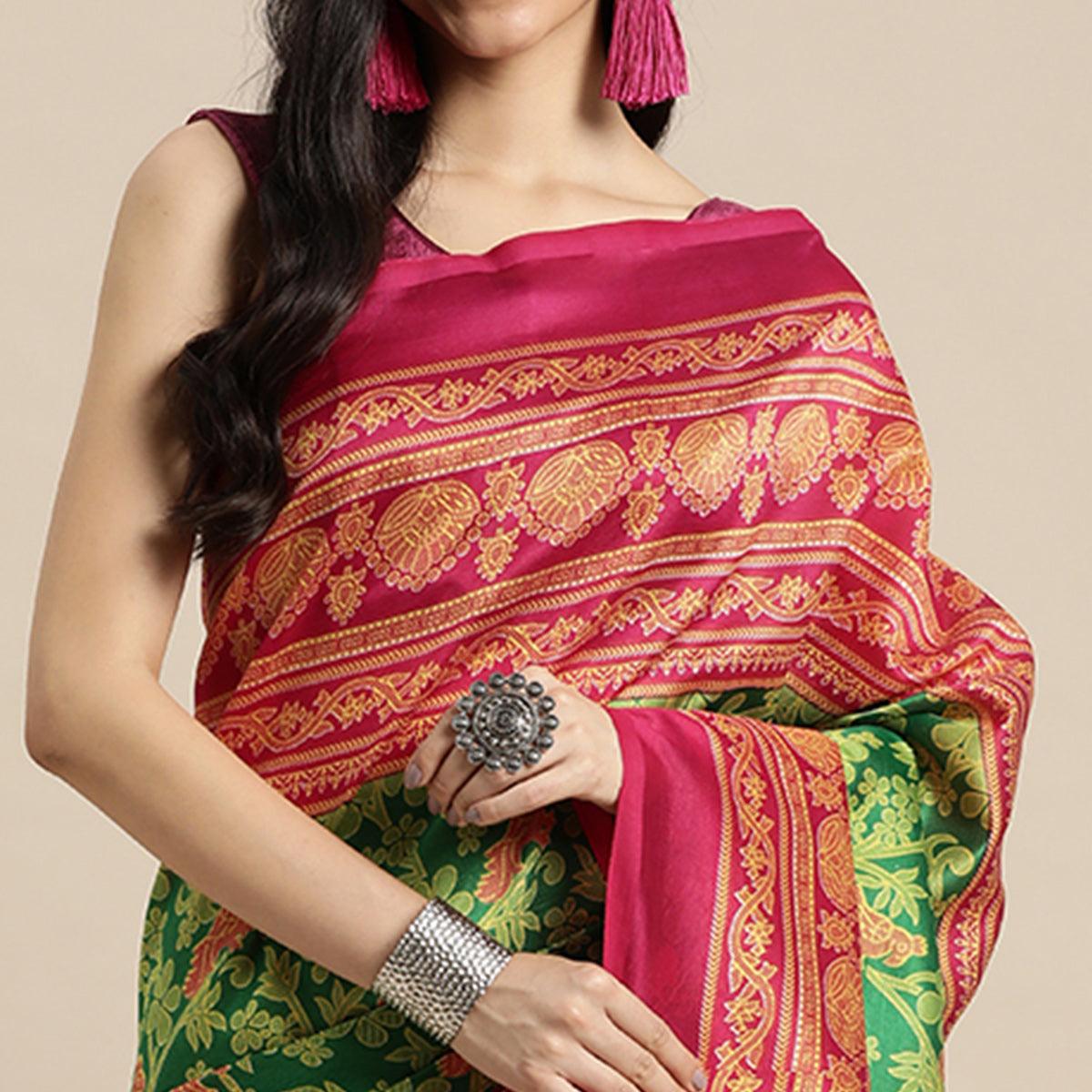 Green Woven Art Silk Saree - Peachmode