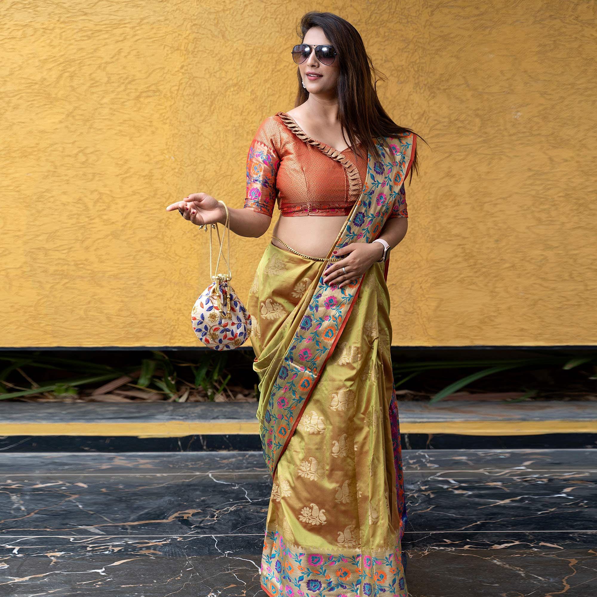 Green Woven Art Silk Saree - Peachmode
