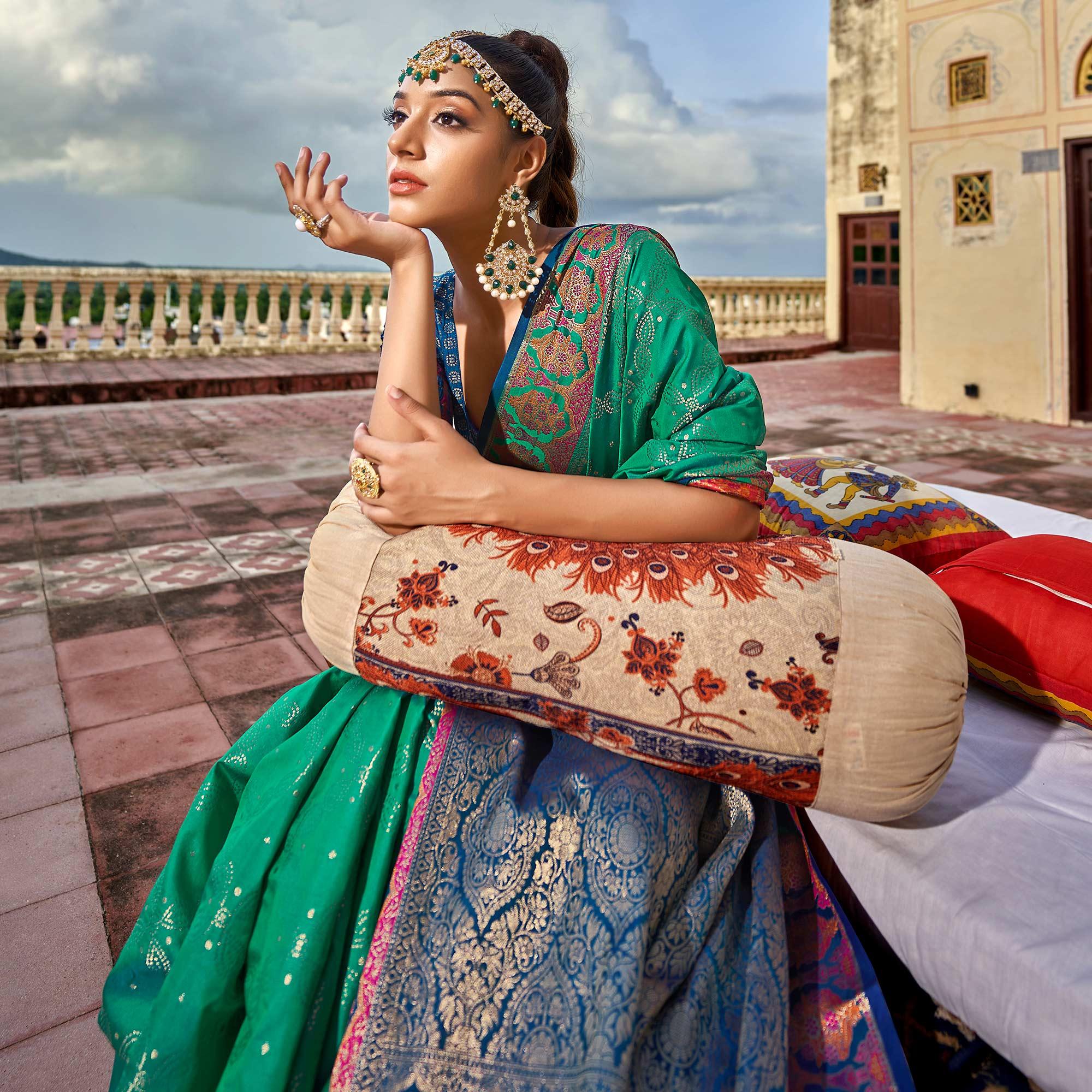 Green Woven Art Silk Saree - Peachmode