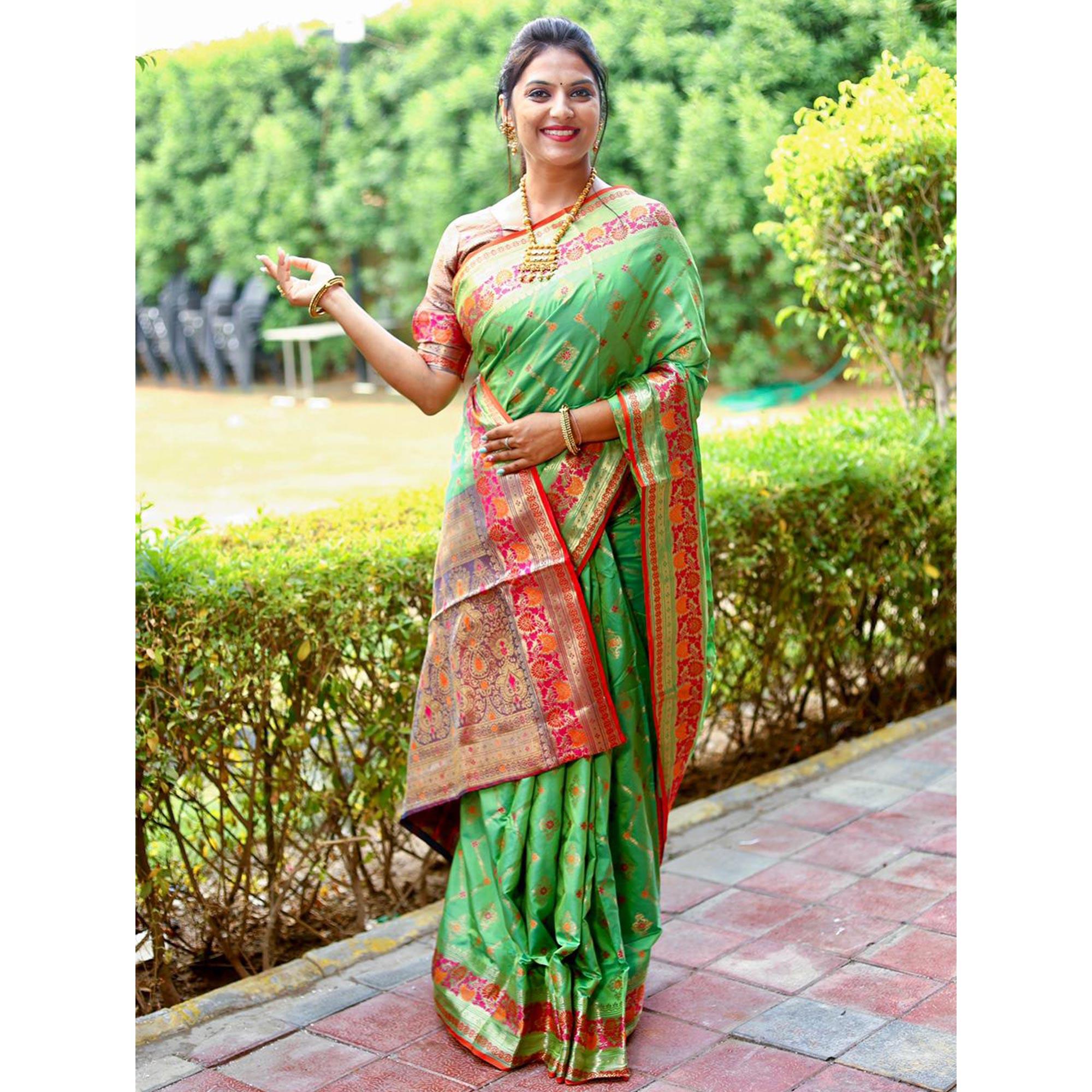 Green Woven Art Silk Saree - Peachmode