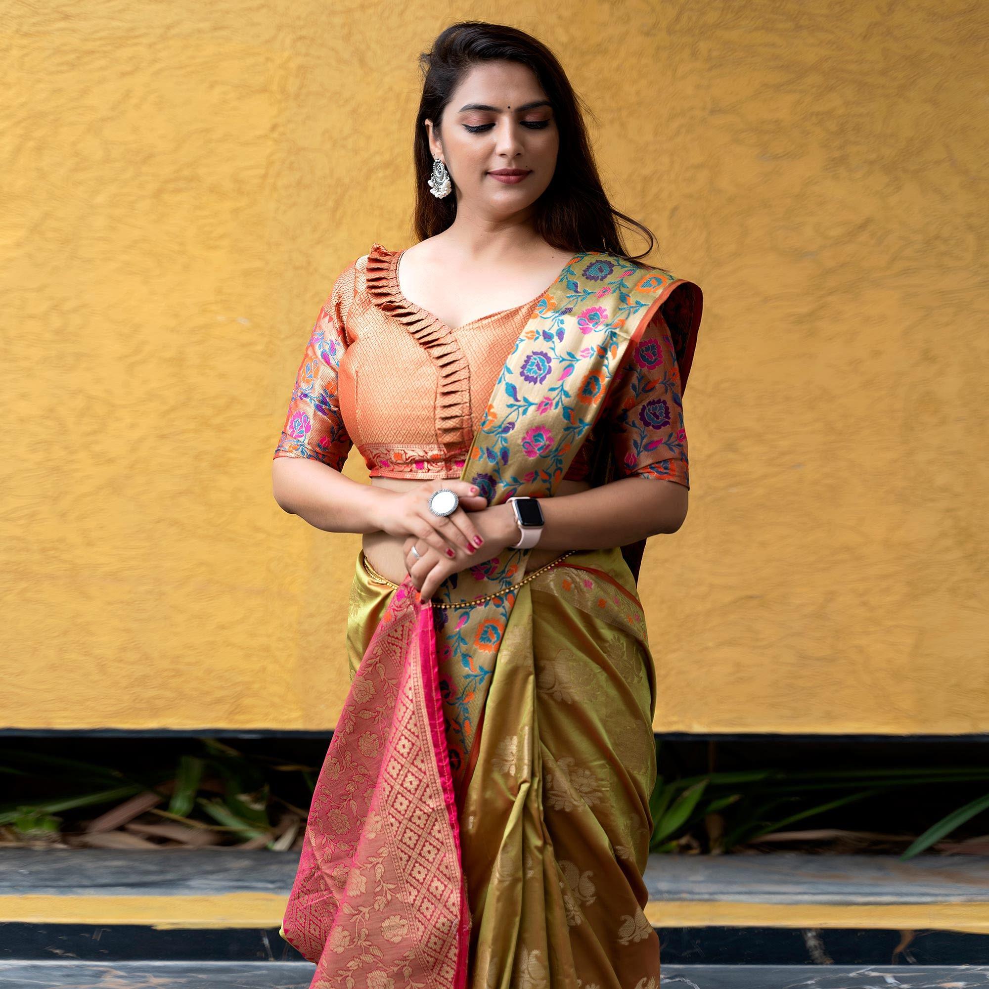 Green Woven Art Silk Saree - Peachmode