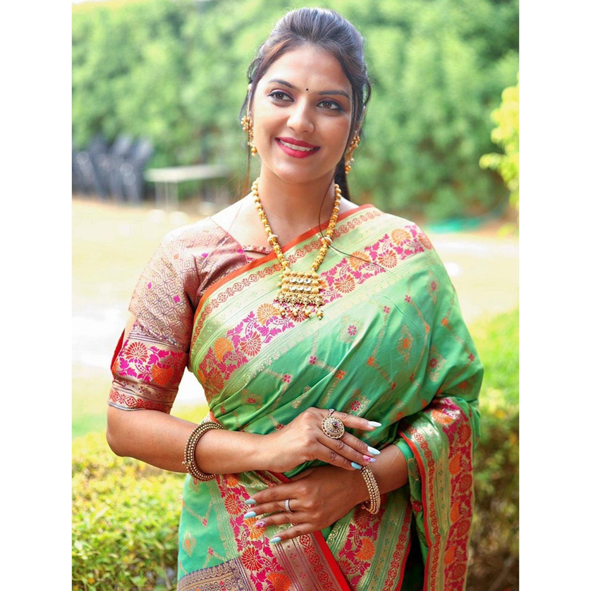 Green Woven Art Silk Saree - Peachmode