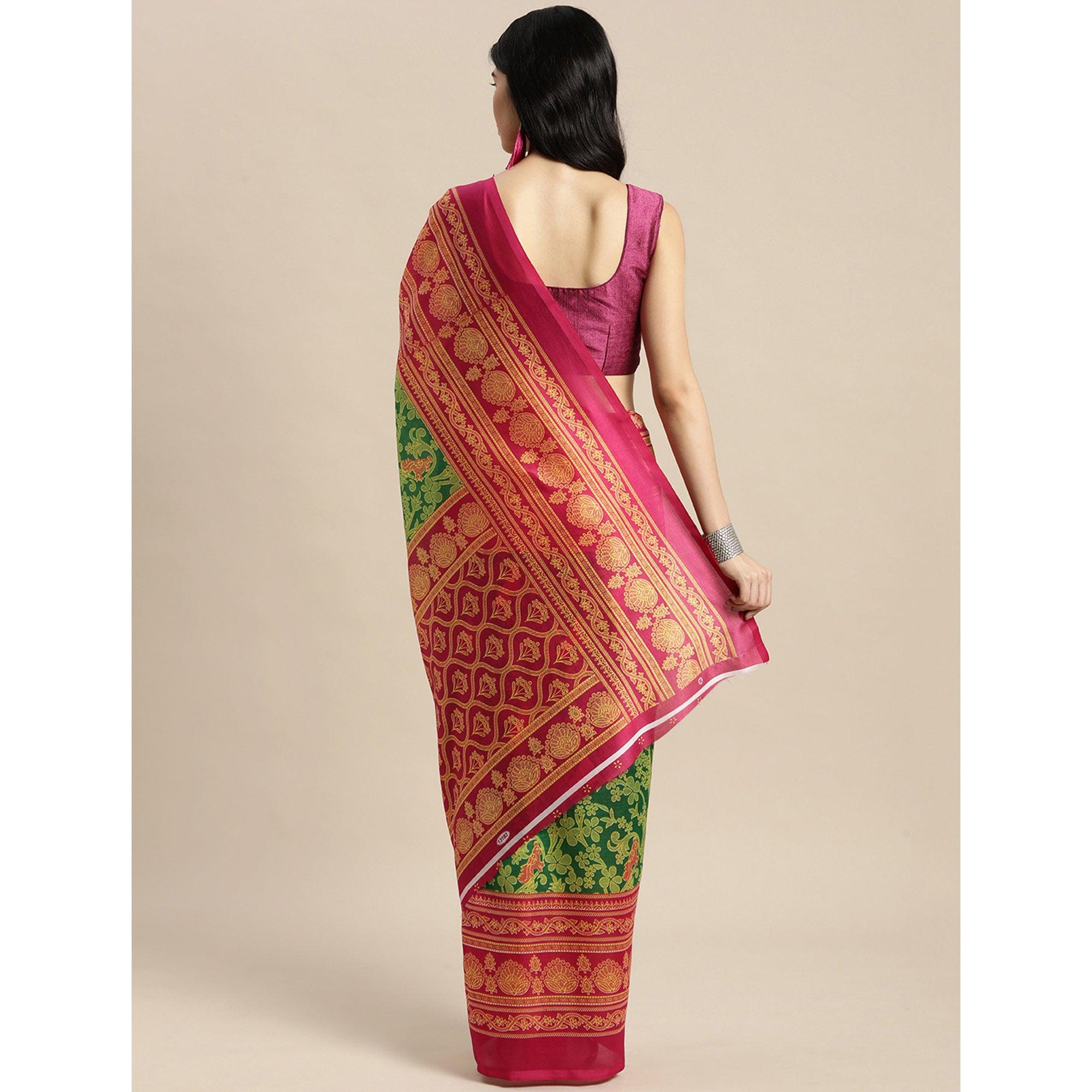 Green Woven Art Silk Saree - Peachmode