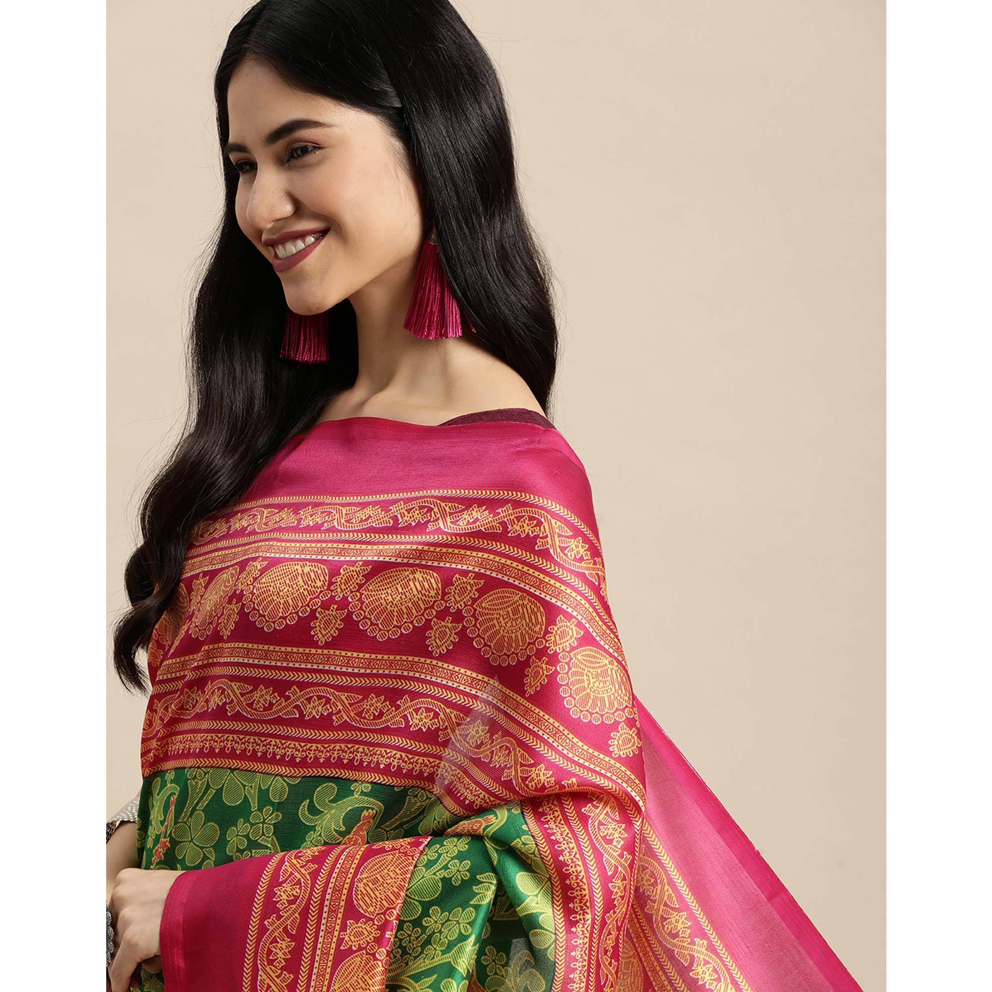 Green Woven Art Silk Saree - Peachmode