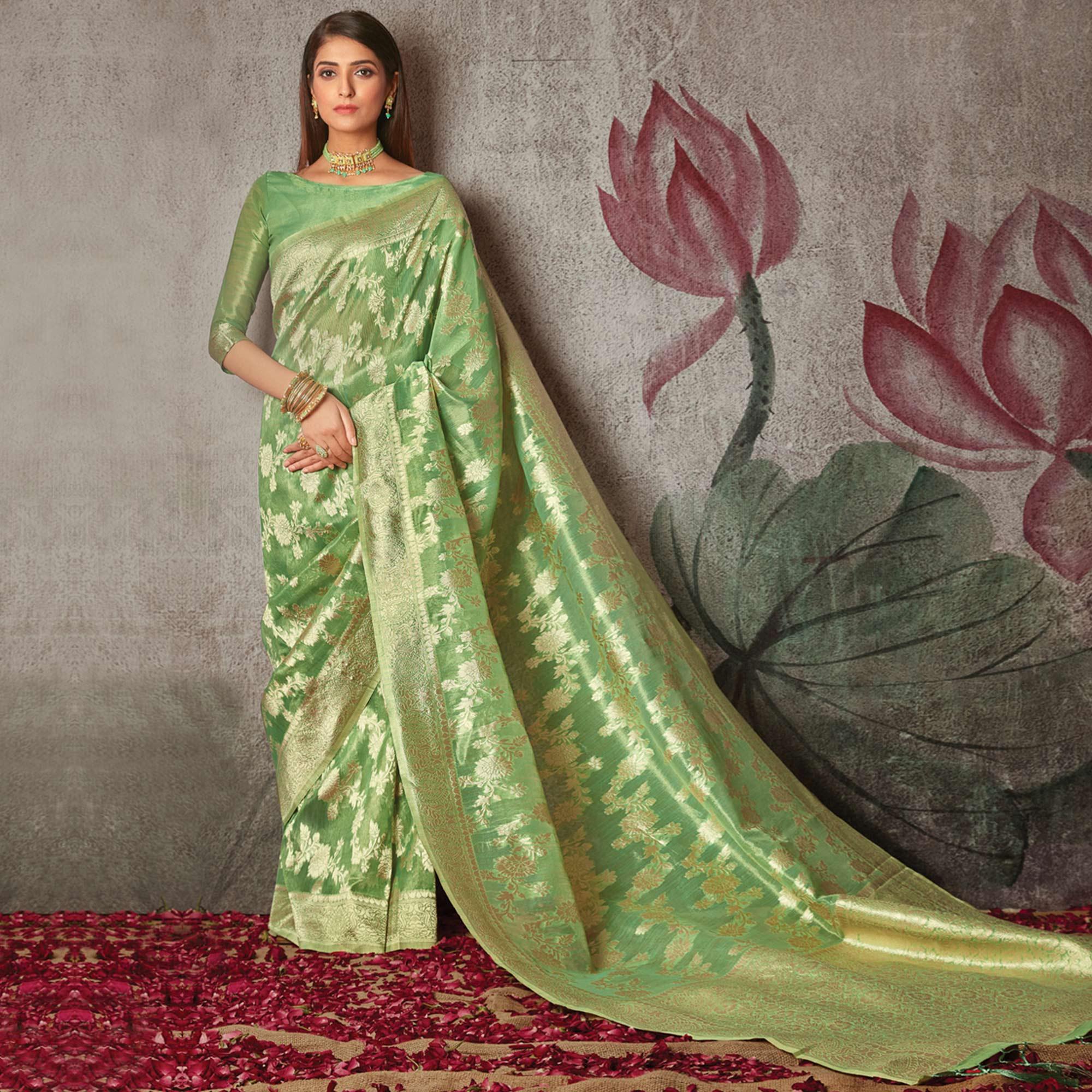 Green Woven Art Silk Saree With Tassels - Peachmode