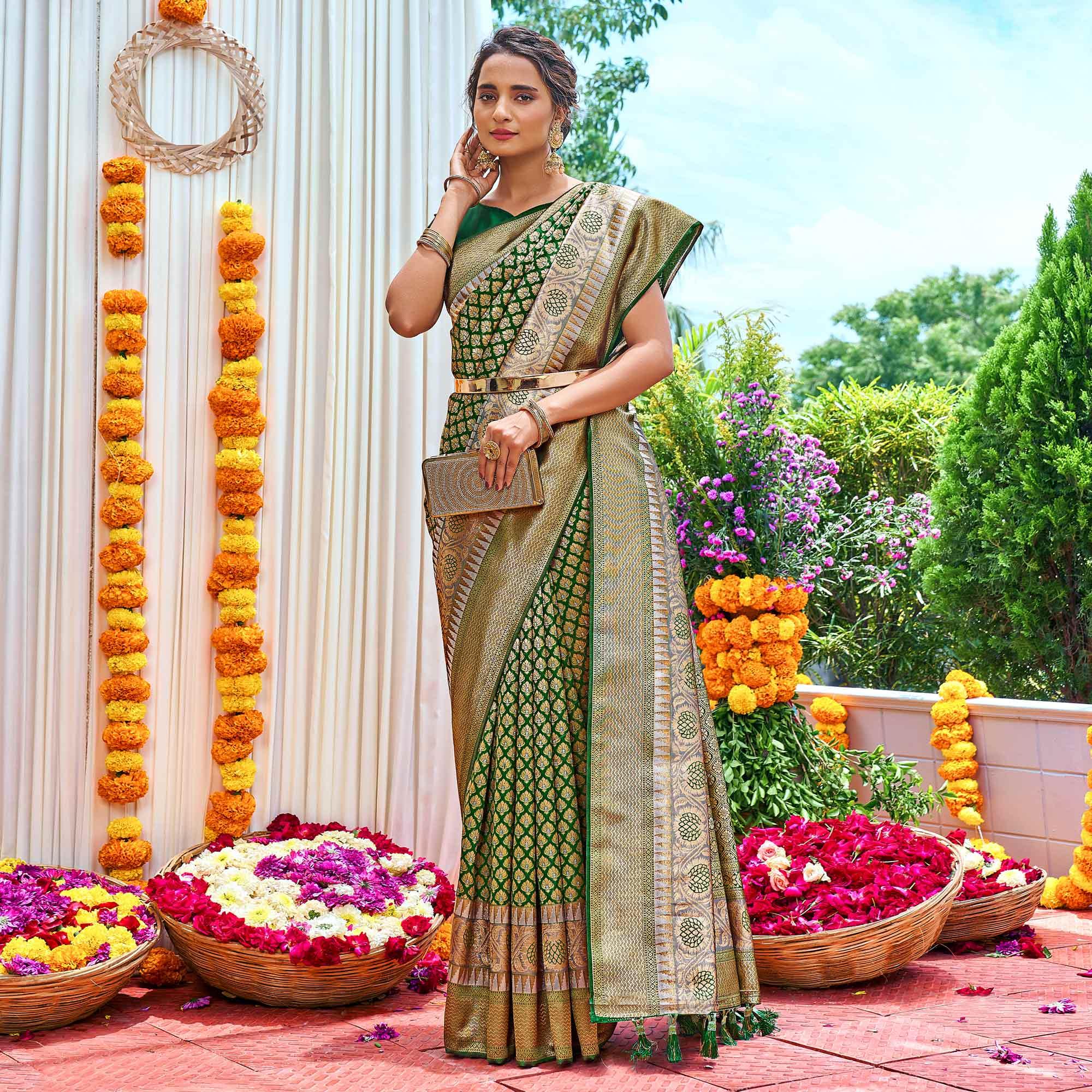 Green Woven Art Silk Saree With Tassels - Peachmode