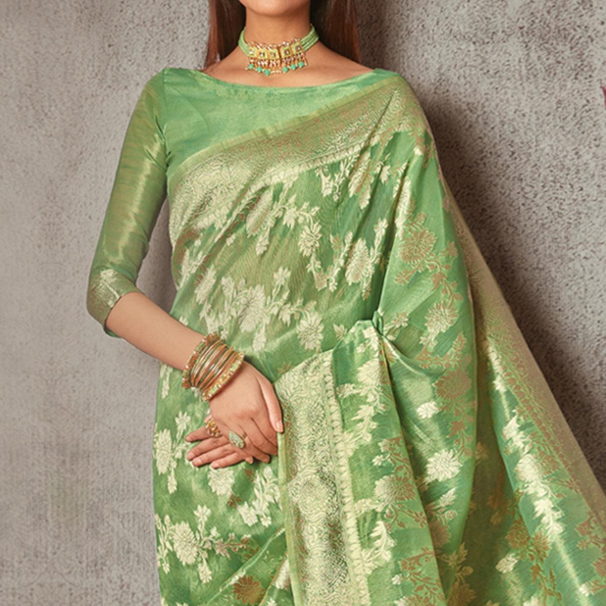 Green Woven Art Silk Saree With Tassels - Peachmode