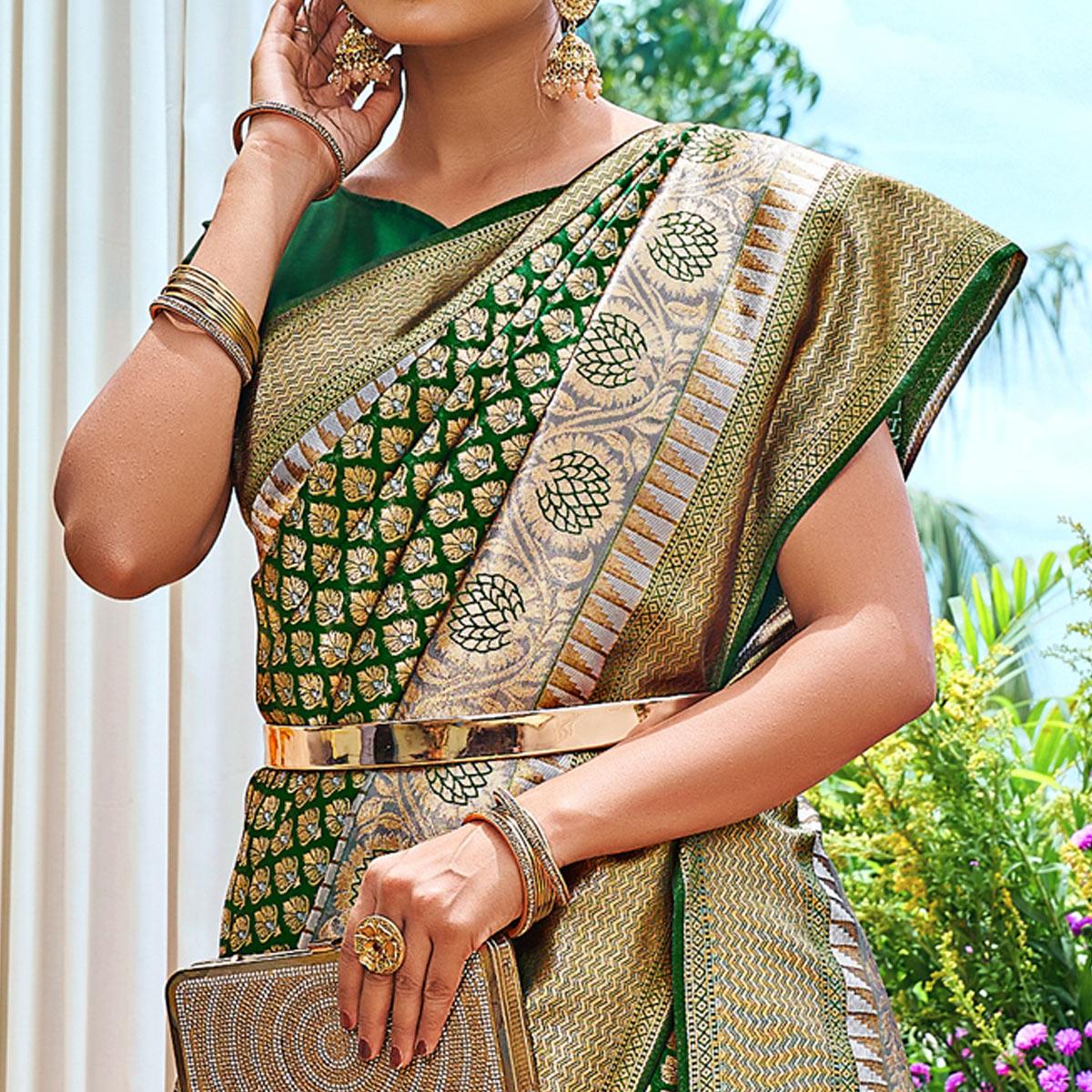 Green Woven Art Silk Saree With Tassels - Peachmode