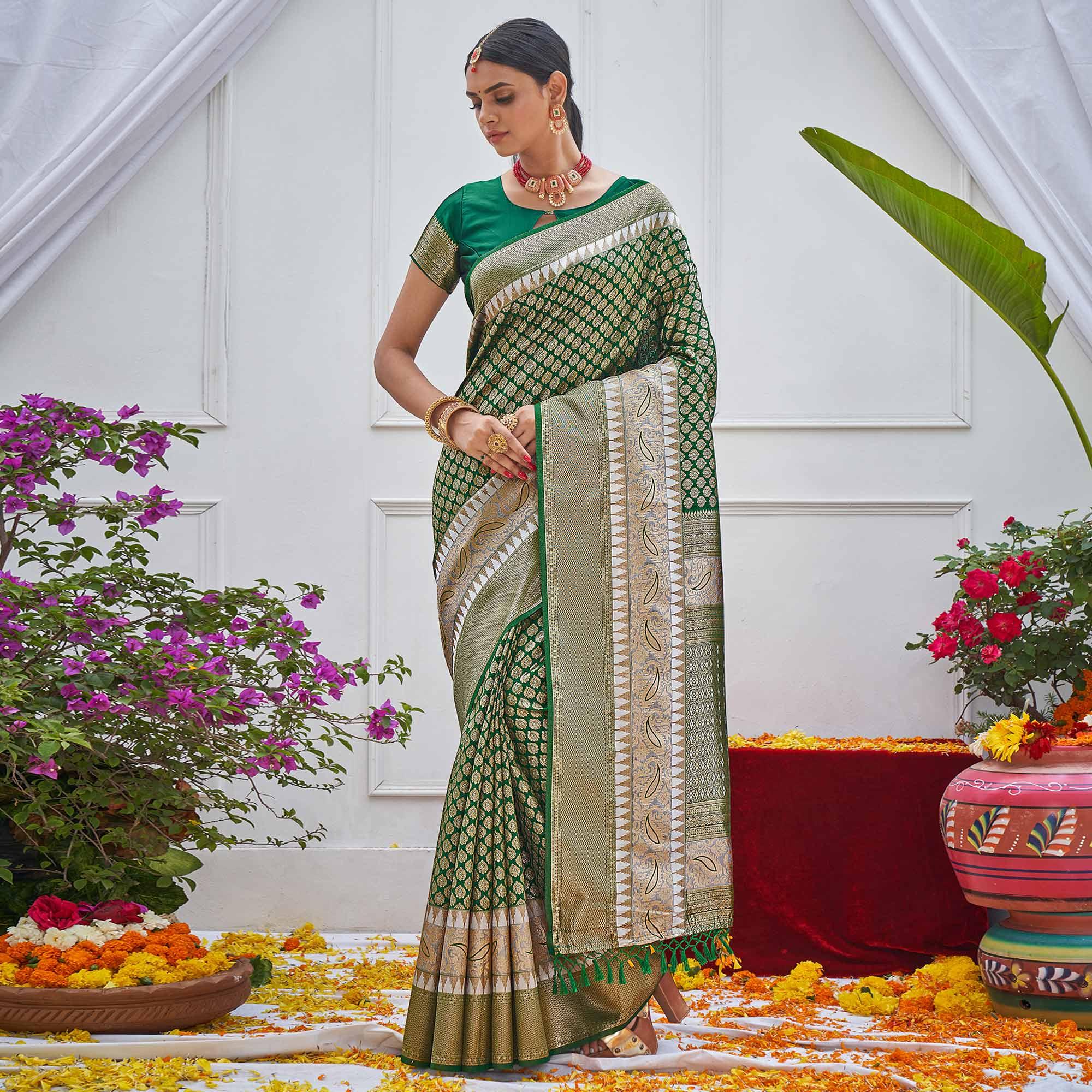 Green Woven Art Silk Saree With Tassels - Peachmode