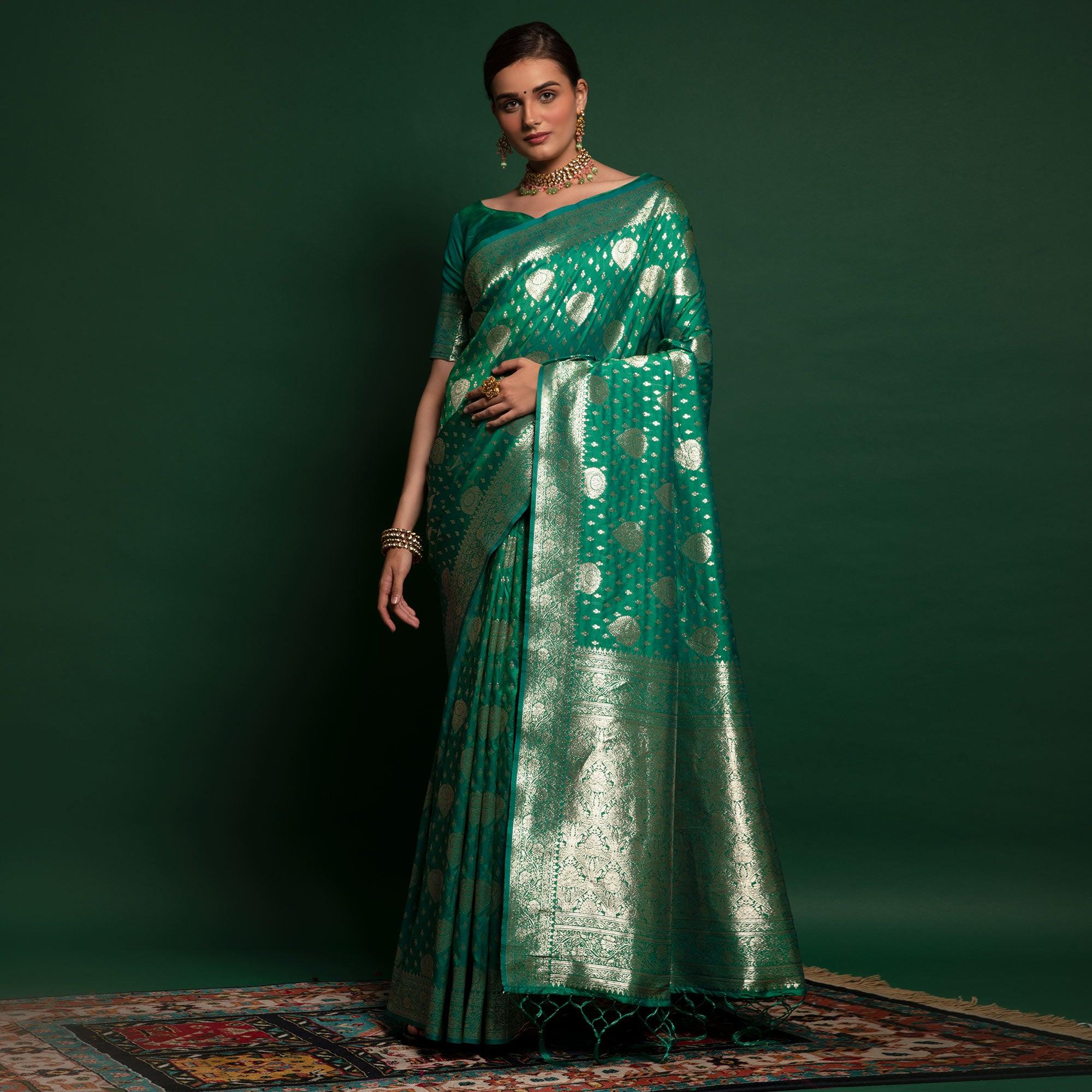 Green Woven Art Silk Saree With Tassels - Peachmode