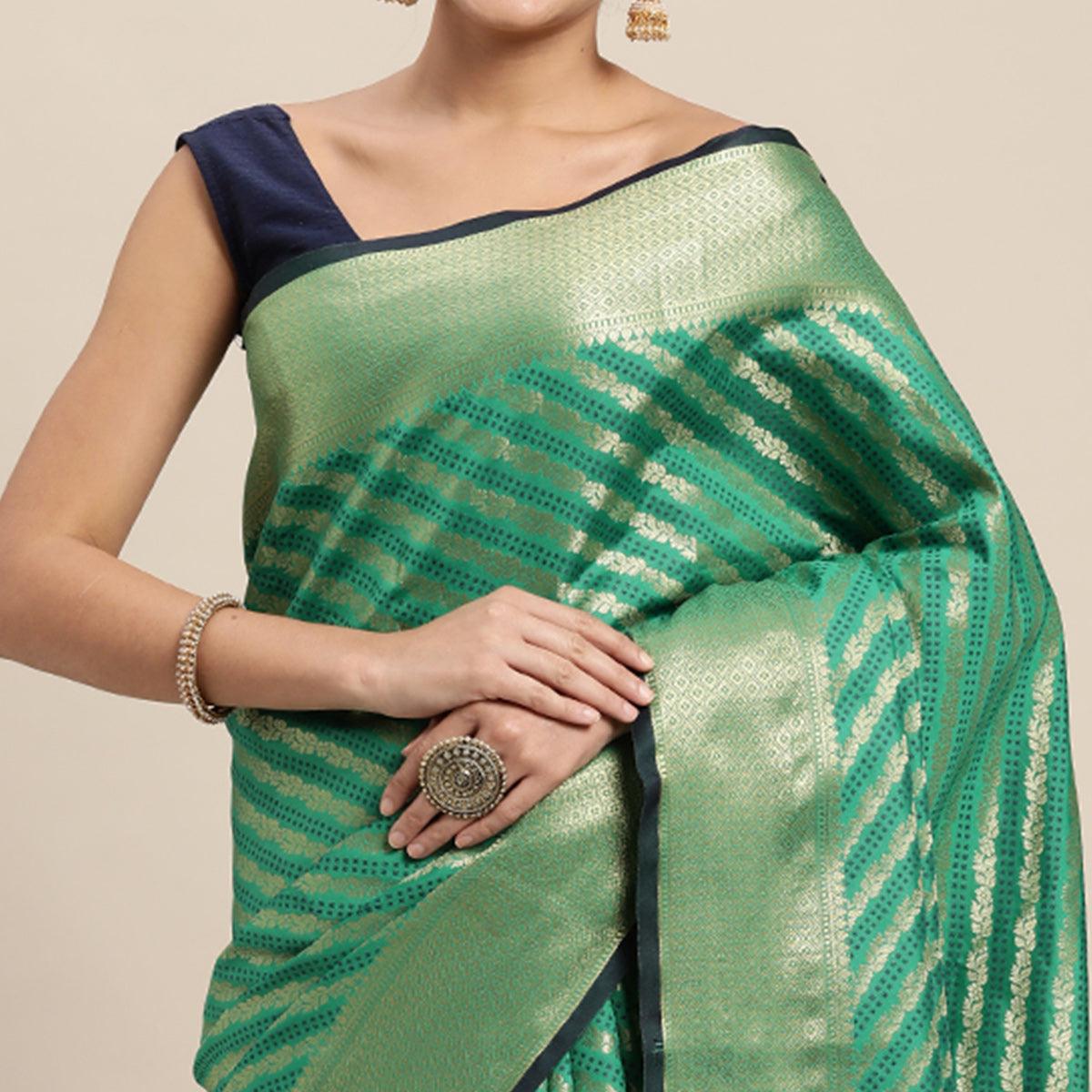 Green Woven Art Silk Saree with Tassels - Peachmode