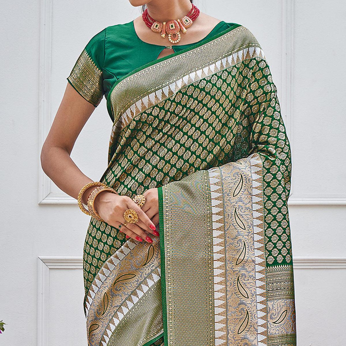 Green Woven Art Silk Saree With Tassels - Peachmode