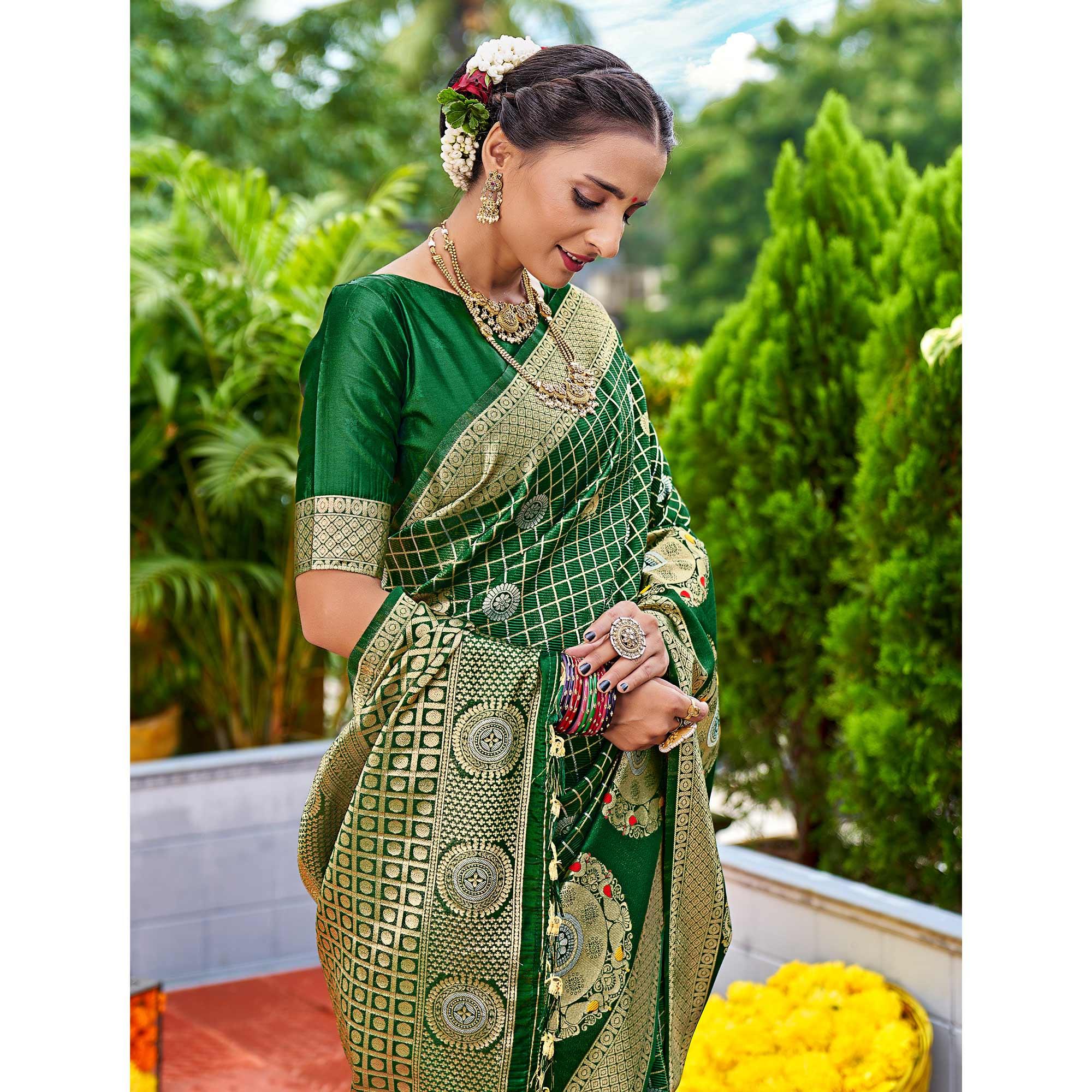 Green Woven Art Silk Saree With Tassels - Peachmode